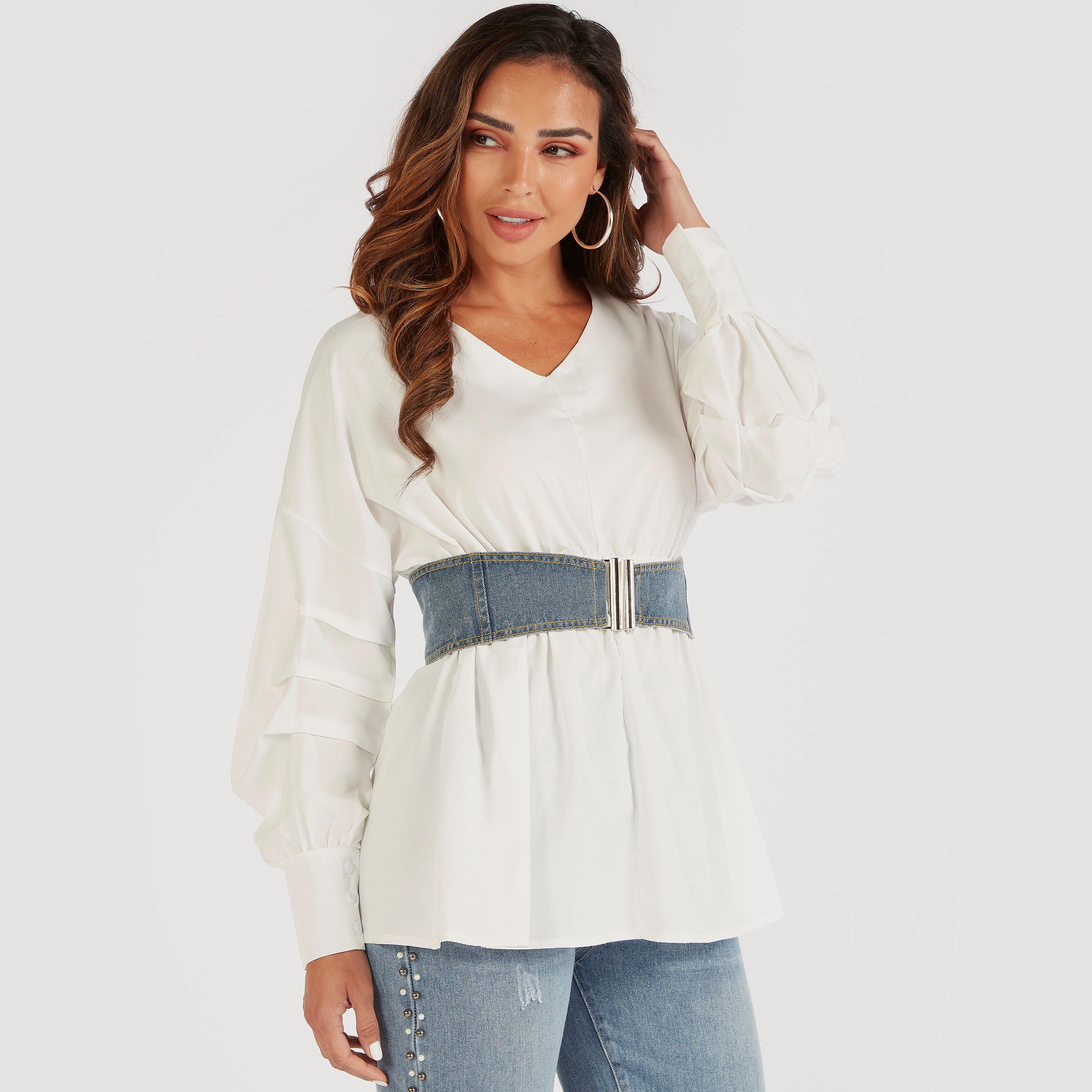 بلوزة سادة بأكمام بيشوب مزّينة بطيات من تو إكستريمز-women-clothing-shirtsandblouses-blouses-image-1