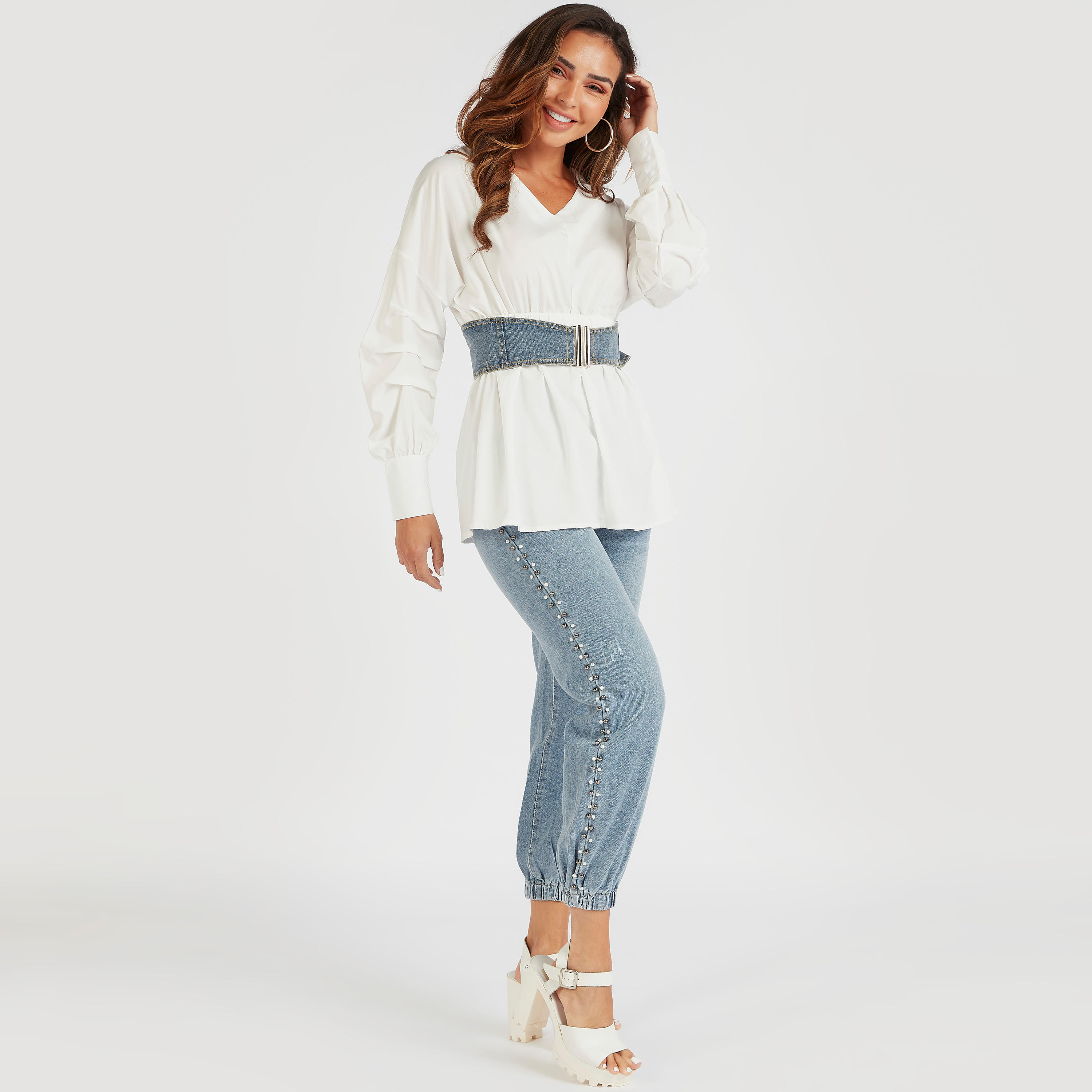 بلوزة سادة بأكمام بيشوب مزّينة بطيات من تو إكستريمز-women-clothing-shirtsandblouses-blouses-image-2