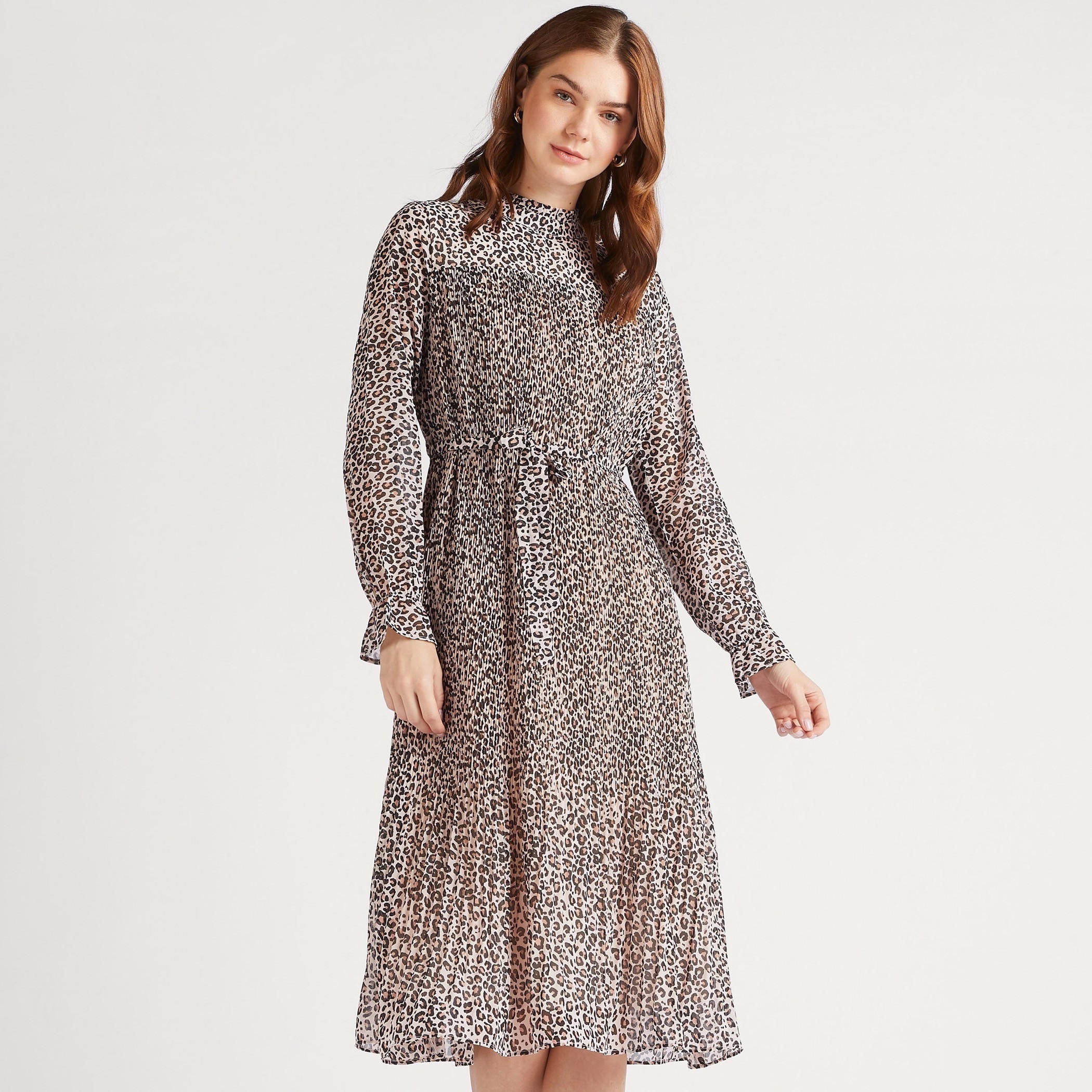 فستان ميدي إيه لاين بياقة عالية وطبعات حيوانات وأكمام طويلة من تو إكستريمز-women-clothing-dresses-image-1