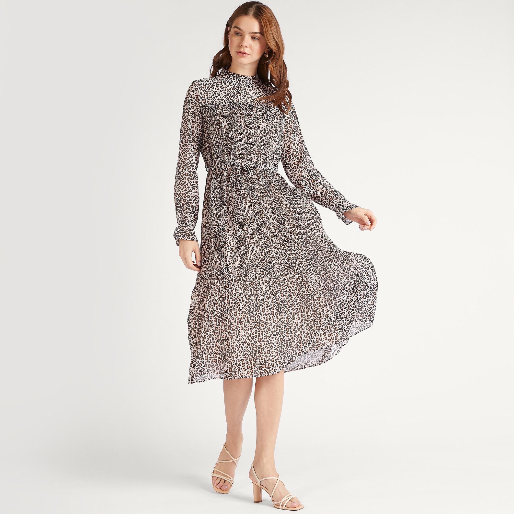 فستان ميدي إيه لاين بياقة عالية وطبعات حيوانات وأكمام طويلة من تو إكستريمز-women-clothing-dresses-image-2