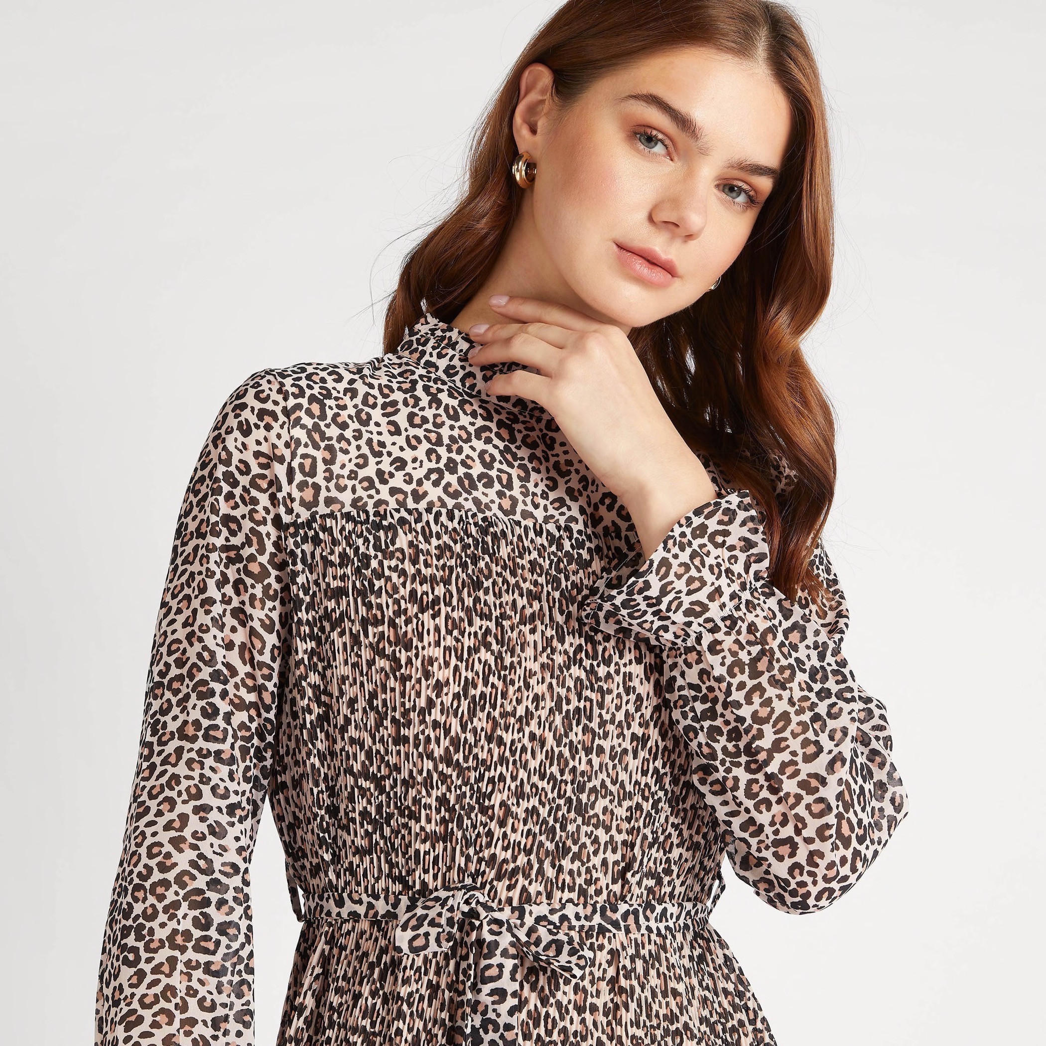 فستان ميدي إيه لاين بياقة عالية وطبعات حيوانات وأكمام طويلة من تو إكستريمز-women-clothing-dresses-image-5