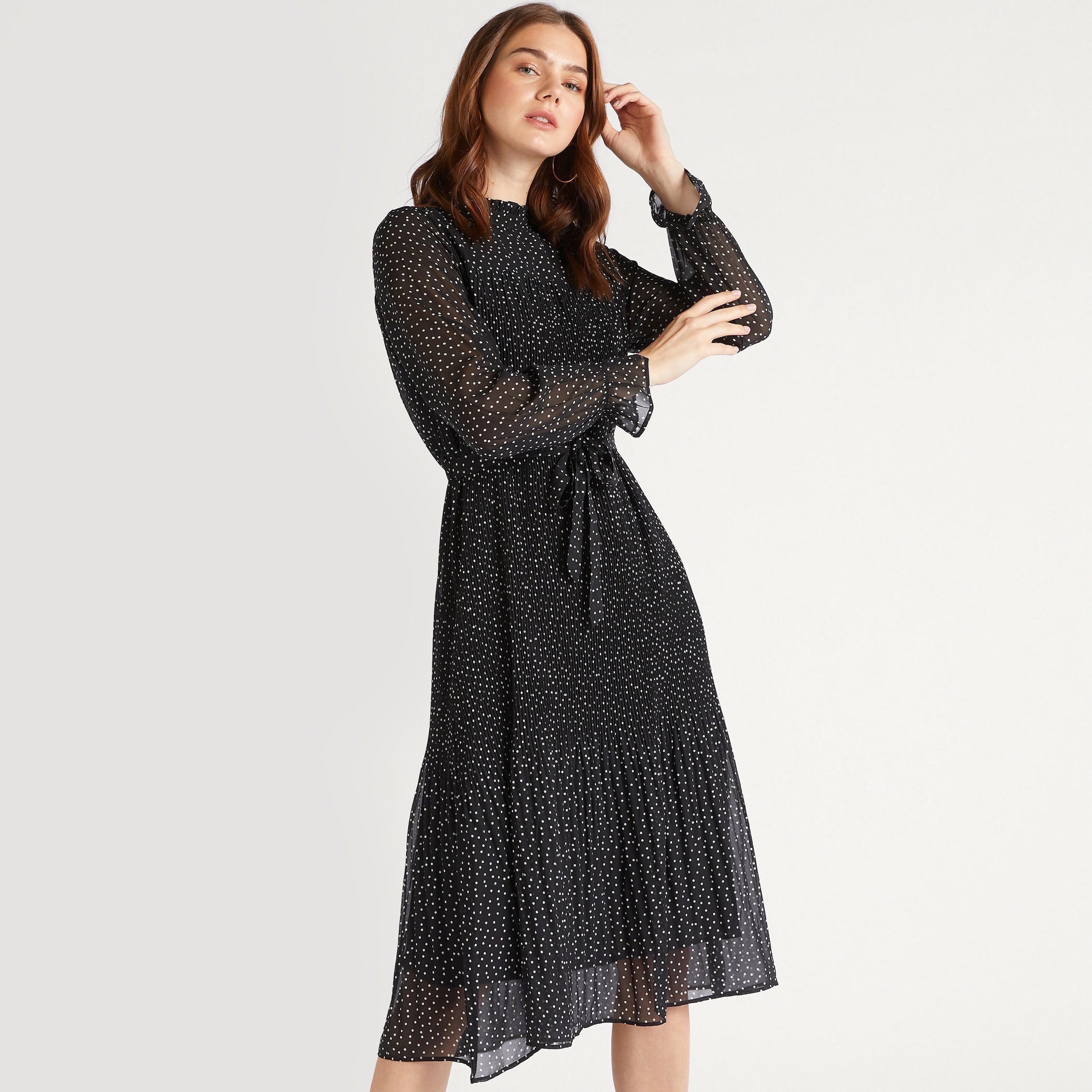 2Xtremz Polka Dot Print High Neck A-line Midi Dress with Long Sleeves and Tie Up-women-clothing-dresses-image-1