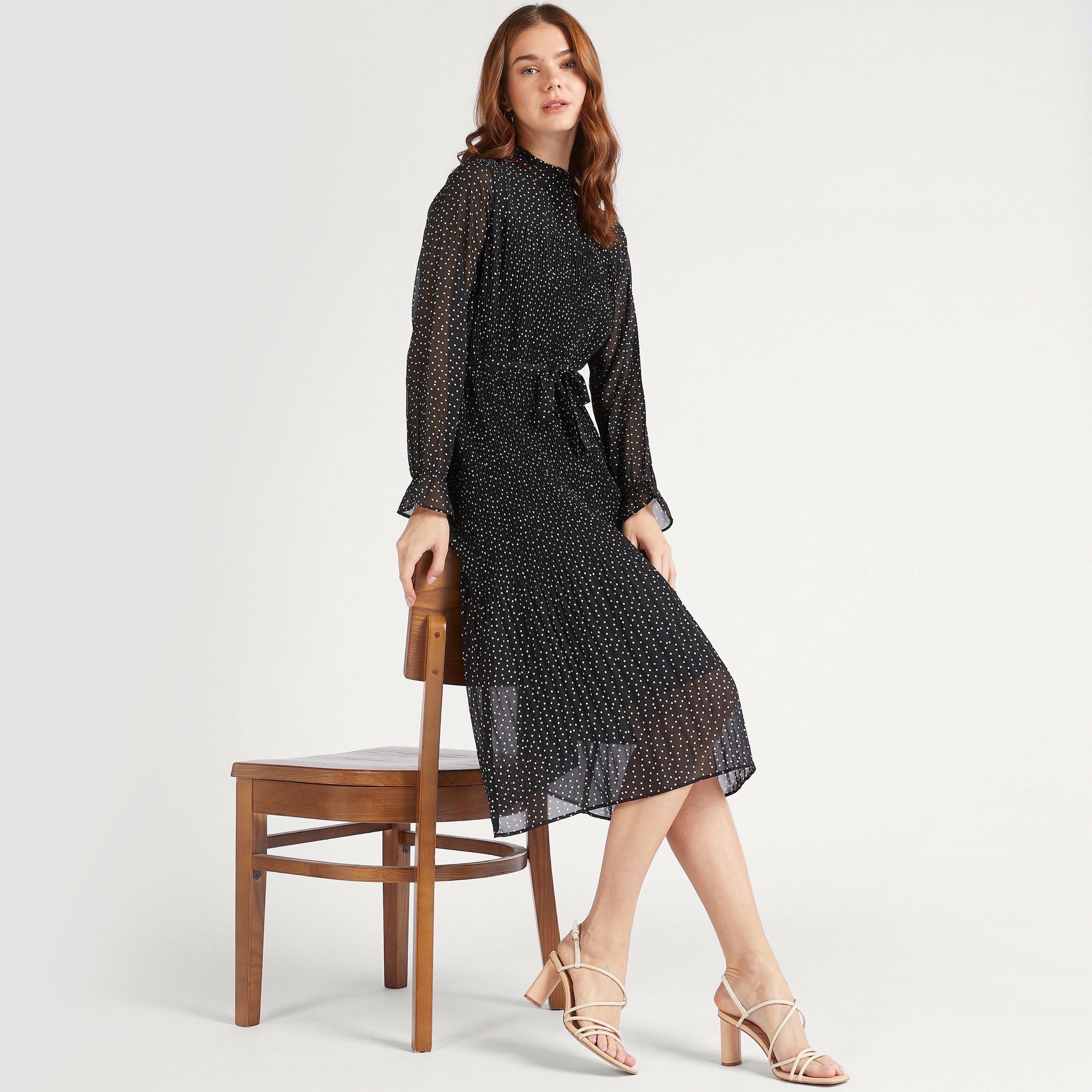 2Xtremz Polka Dot Print High Neck A-line Midi Dress with Long Sleeves and Tie Up-women-clothing-dresses-image-2