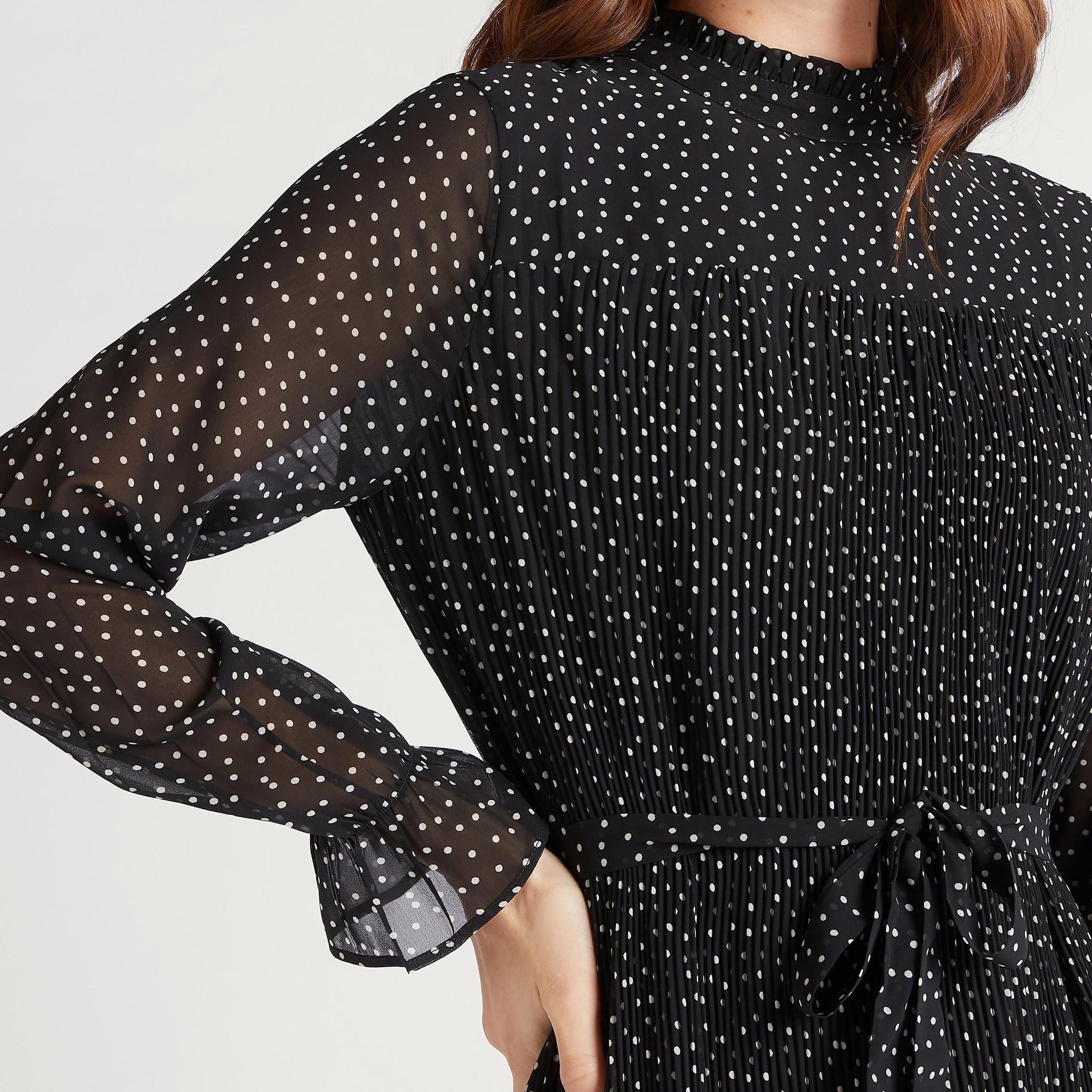 2Xtremz Polka Dot Print High Neck A-line Midi Dress with Long Sleeves and Tie Up-women-clothing-dresses-image-3