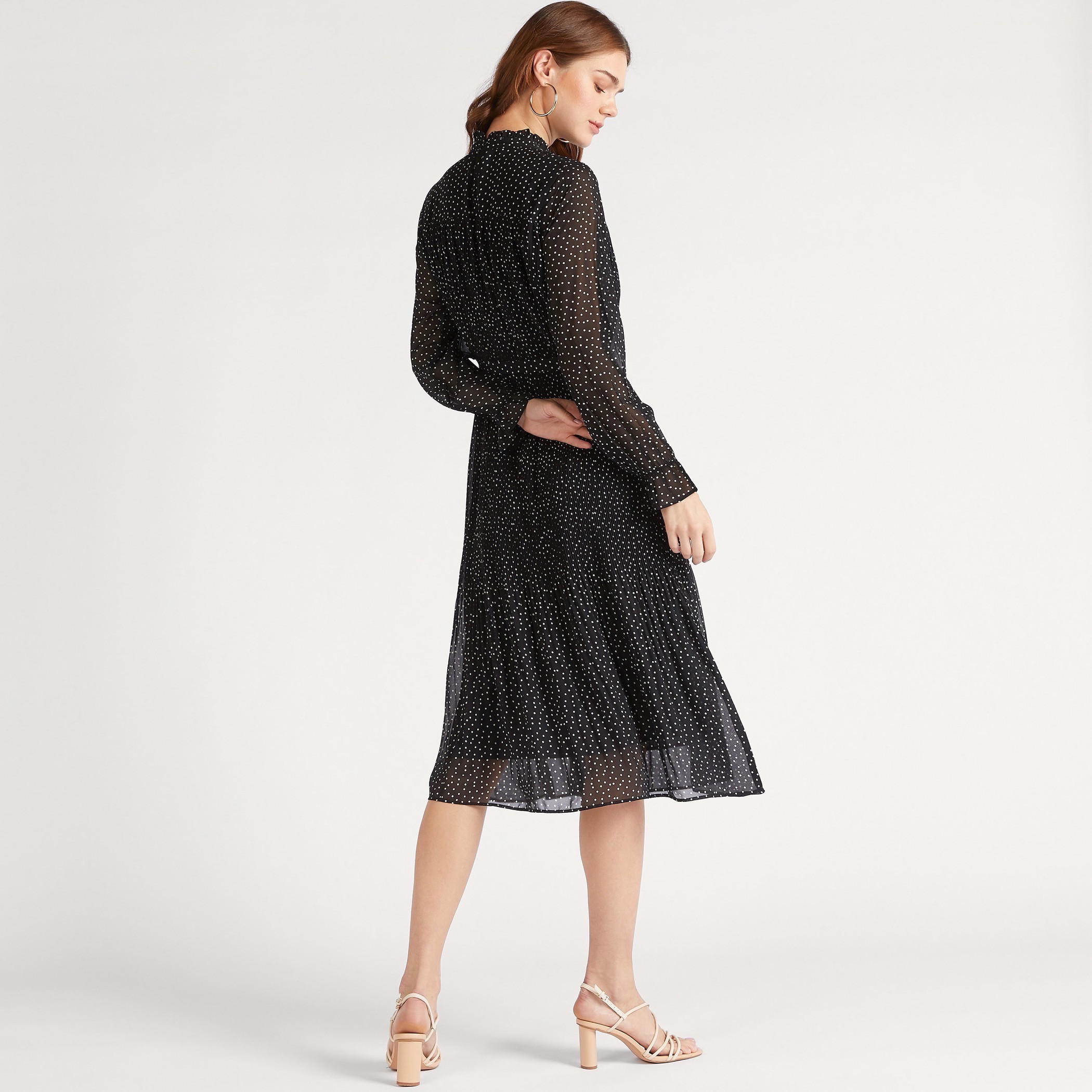 2Xtremz Polka Dot Print High Neck A-line Midi Dress with Long Sleeves and Tie Up-women-clothing-dresses-image-4