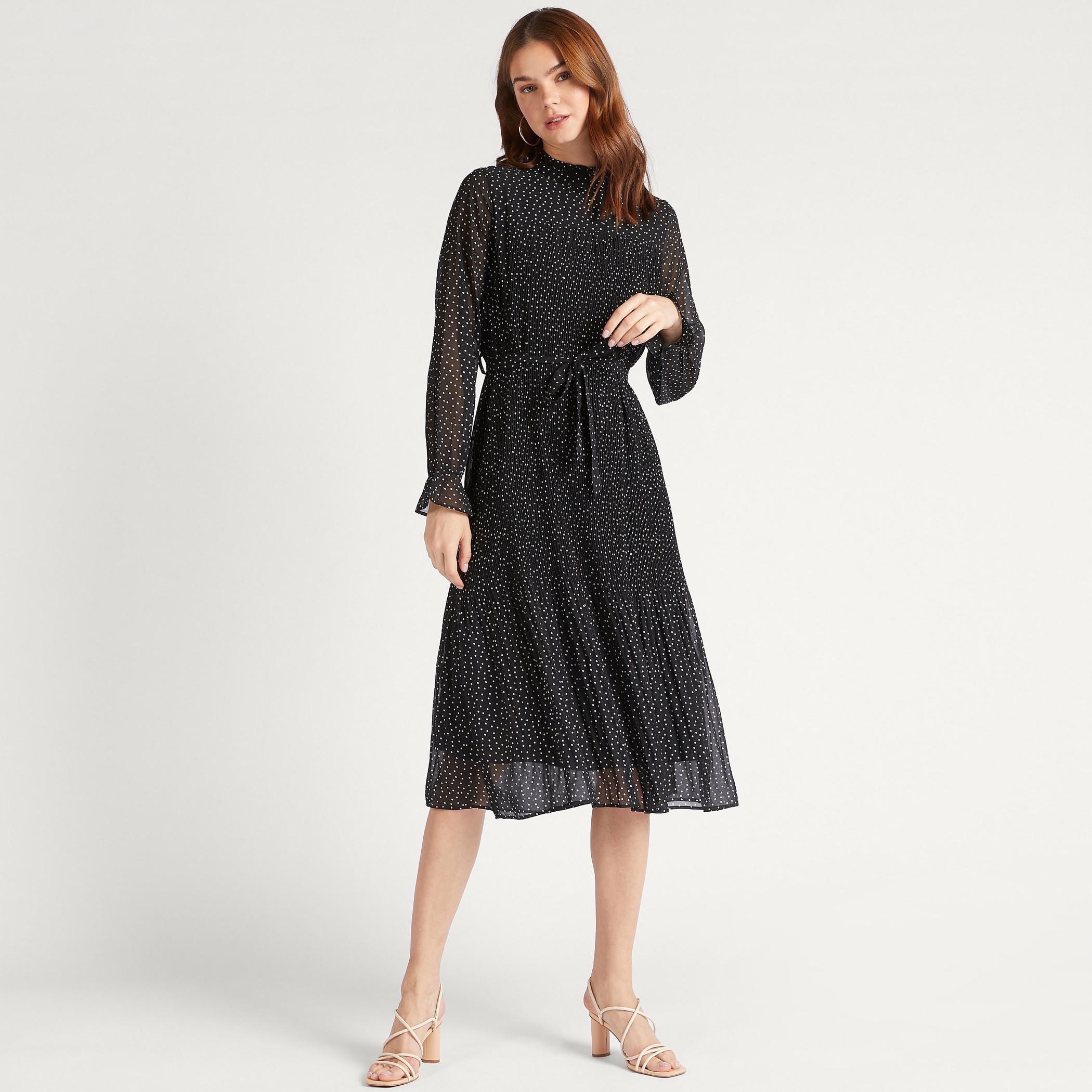 2Xtremz Polka Dot Print High Neck A-line Midi Dress with Long Sleeves and Tie Up-women-clothing-dresses-image-5