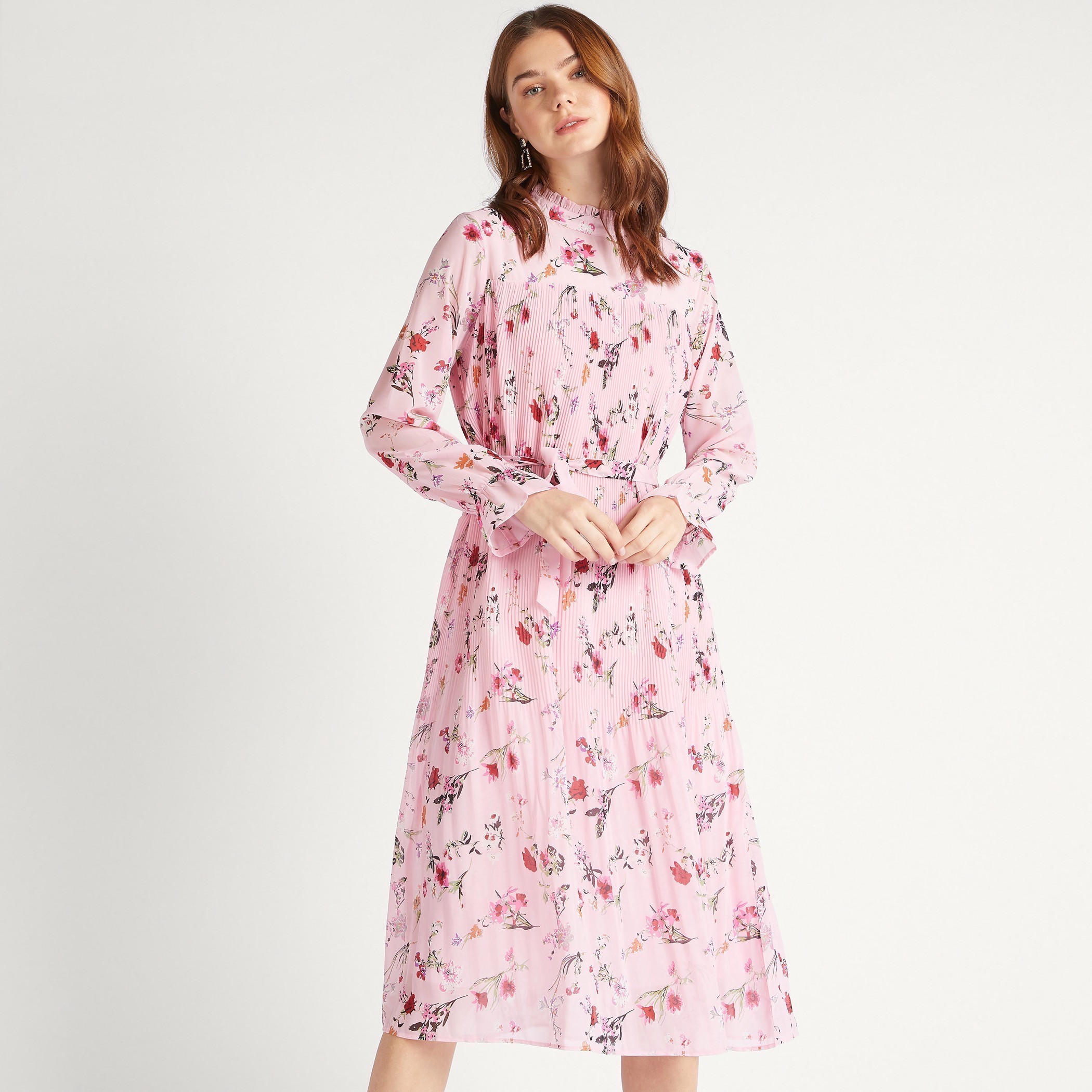 فستان ميدي إيه لاين بطبعات أزهار وأكمام طويلة ورباط-women-clothing-dresses-image-1