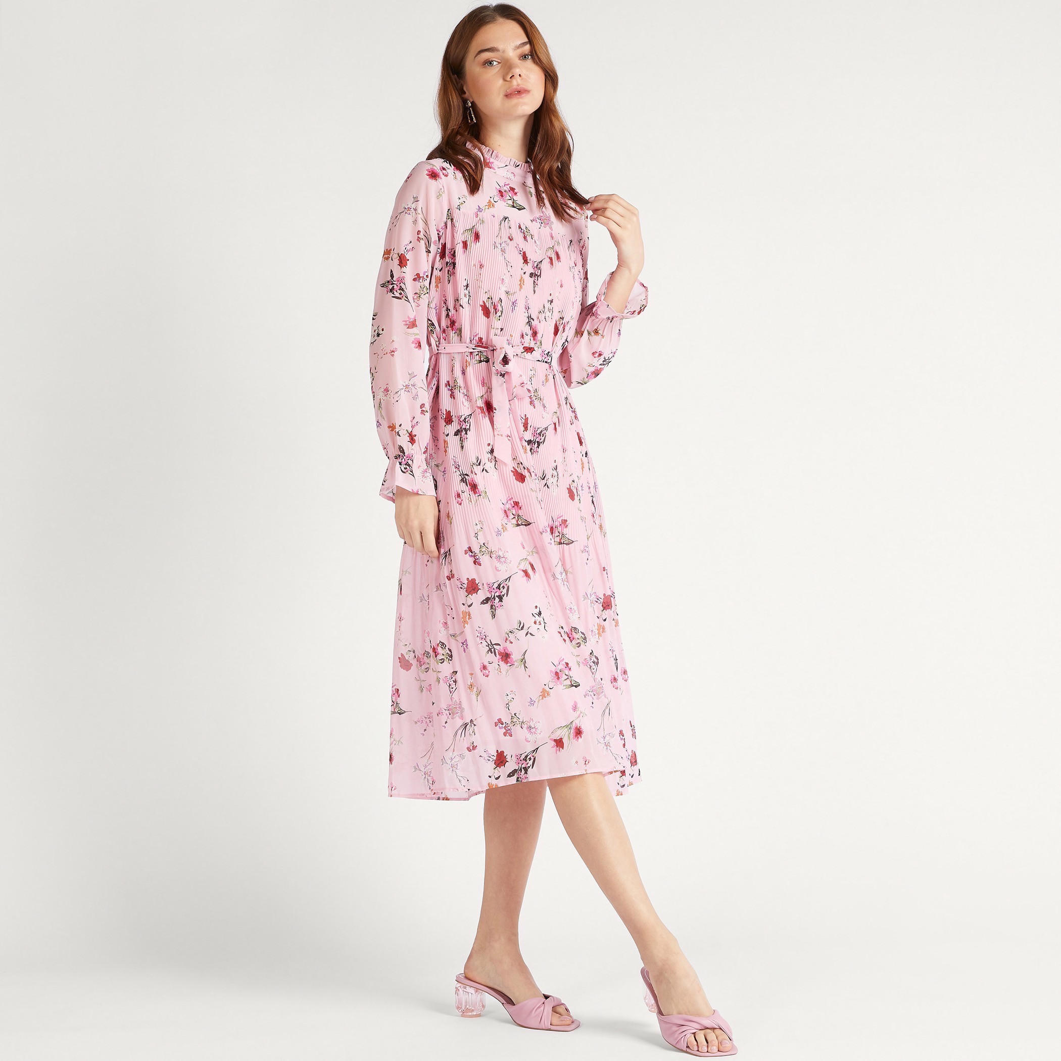 فستان ميدي إيه لاين بطبعات أزهار وأكمام طويلة ورباط-women-clothing-dresses-image-2