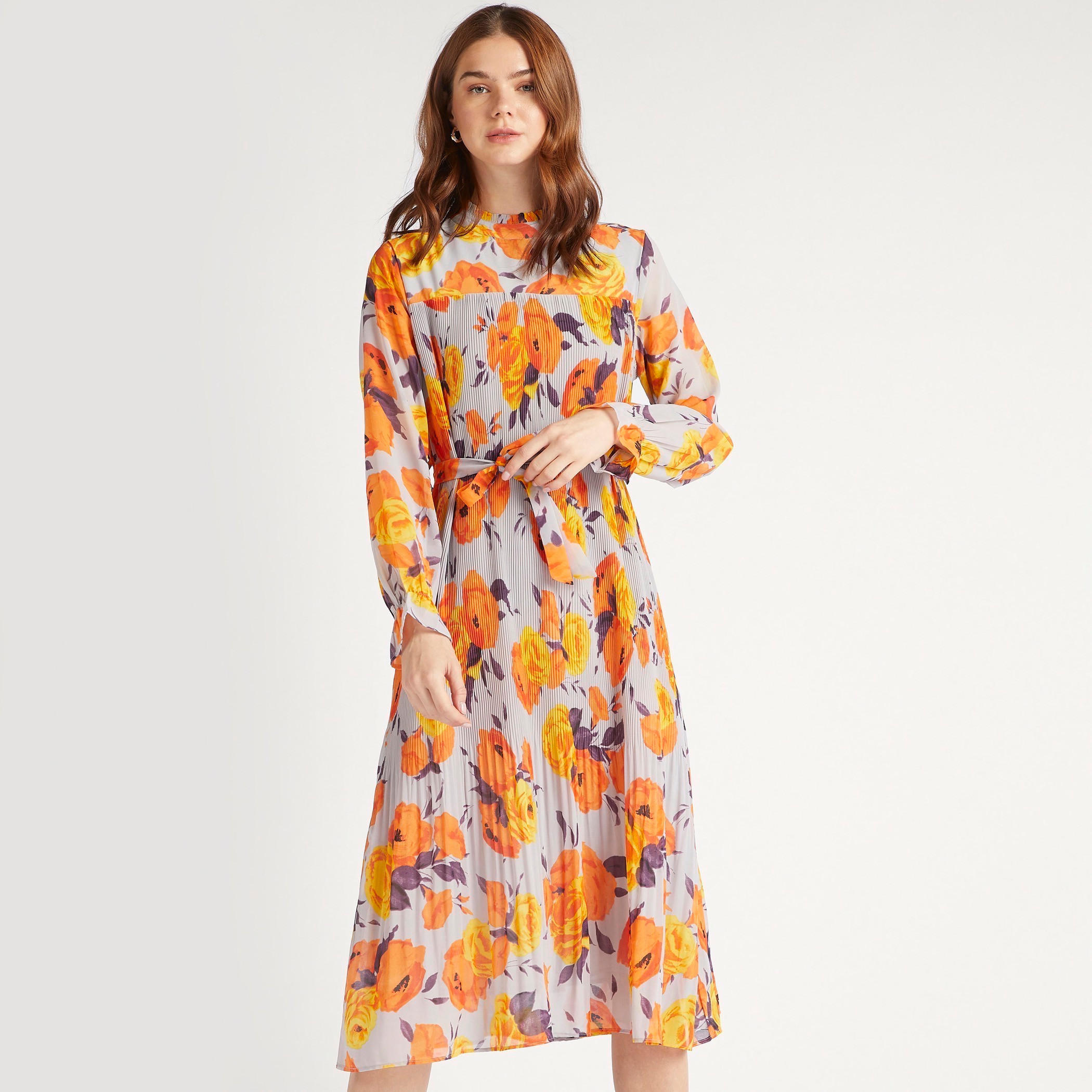 2Xtremz Floral Print A-line Midi Dress with High Neck and Long Sleeves-women-clothing-dresses-image-1