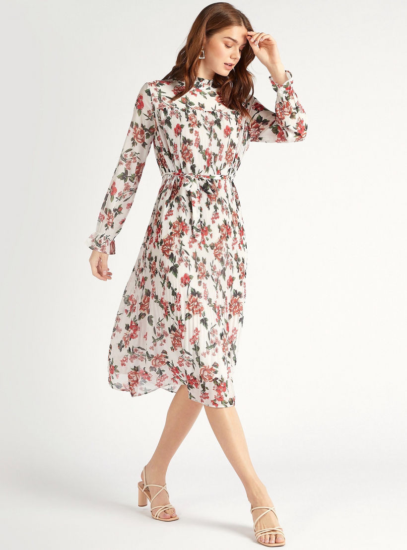 فستان ميدي إيه لاين بطبعات أزهار وياقة عالية وأكمام طويلة من تو إكستريمز-women-clothing-dresses-image-1