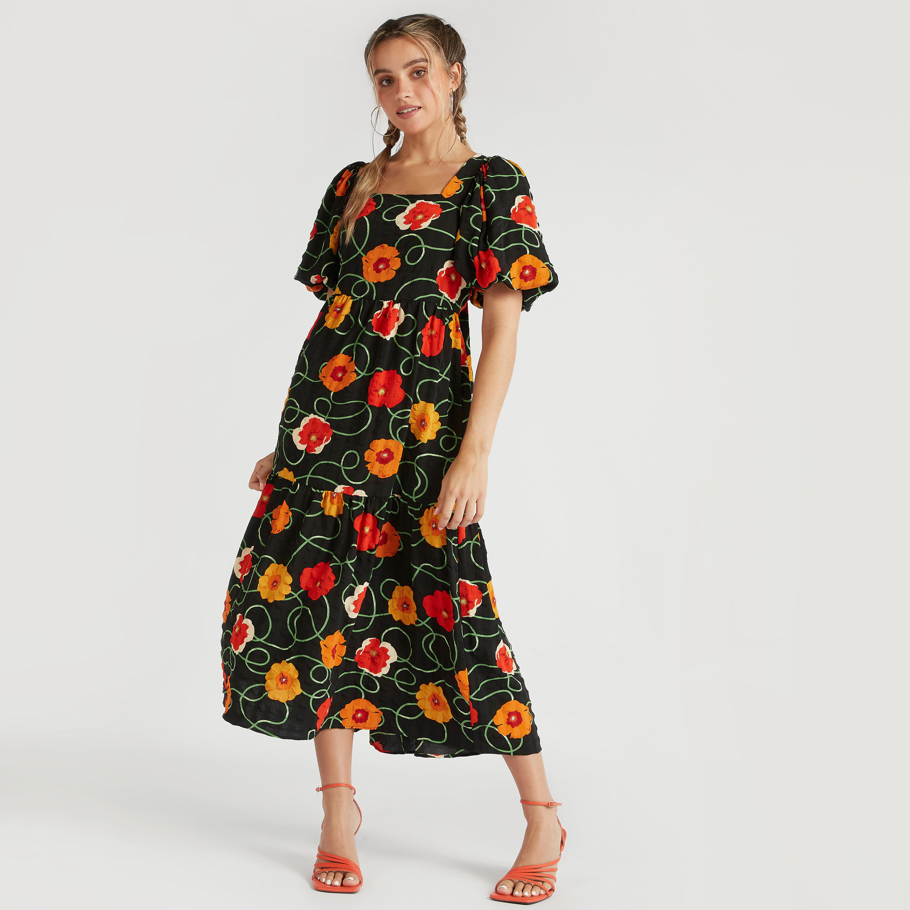 2Xtremz Floral Print Midi A-line Tiered Dress with Balloon Sleeves and Tie-Ups-women-clothing-dresses-image-1