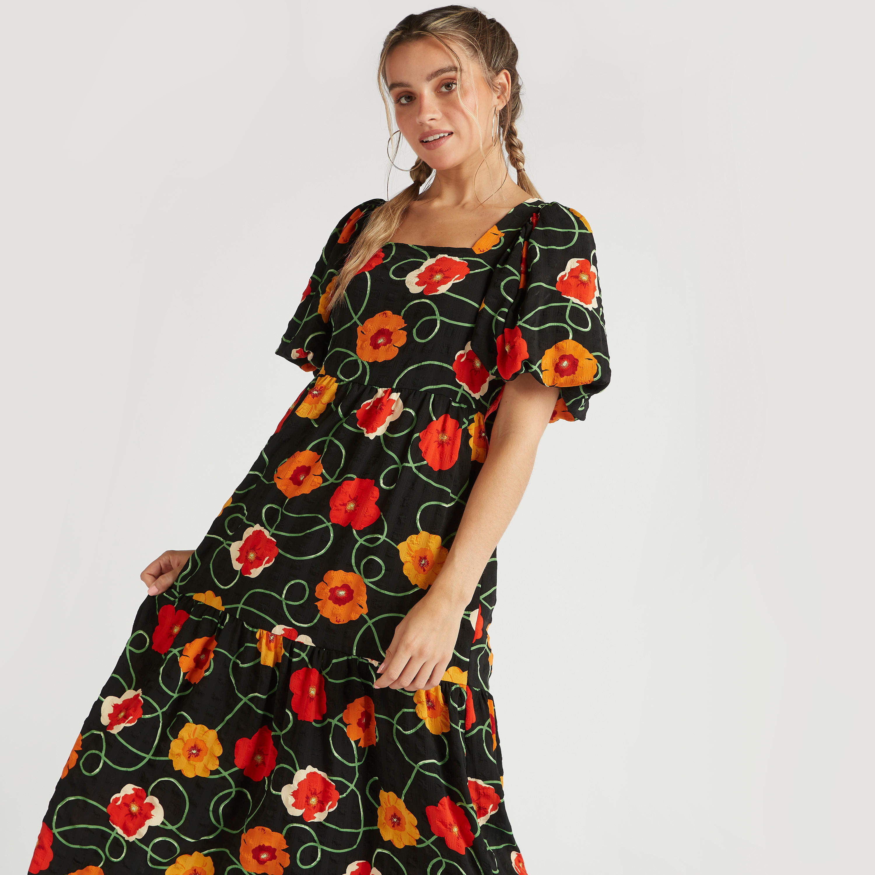 2Xtremz Floral Print Midi A-line Tiered Dress with Balloon Sleeves and Tie-Ups-women-clothing-dresses-image-2