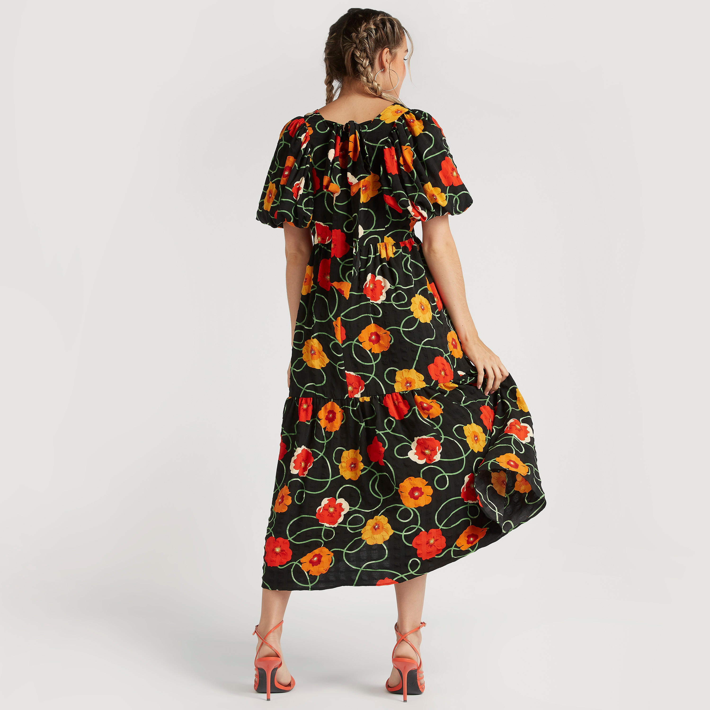 2Xtremz Floral Print Midi A-line Tiered Dress with Balloon Sleeves and Tie-Ups-women-clothing-dresses-image-4