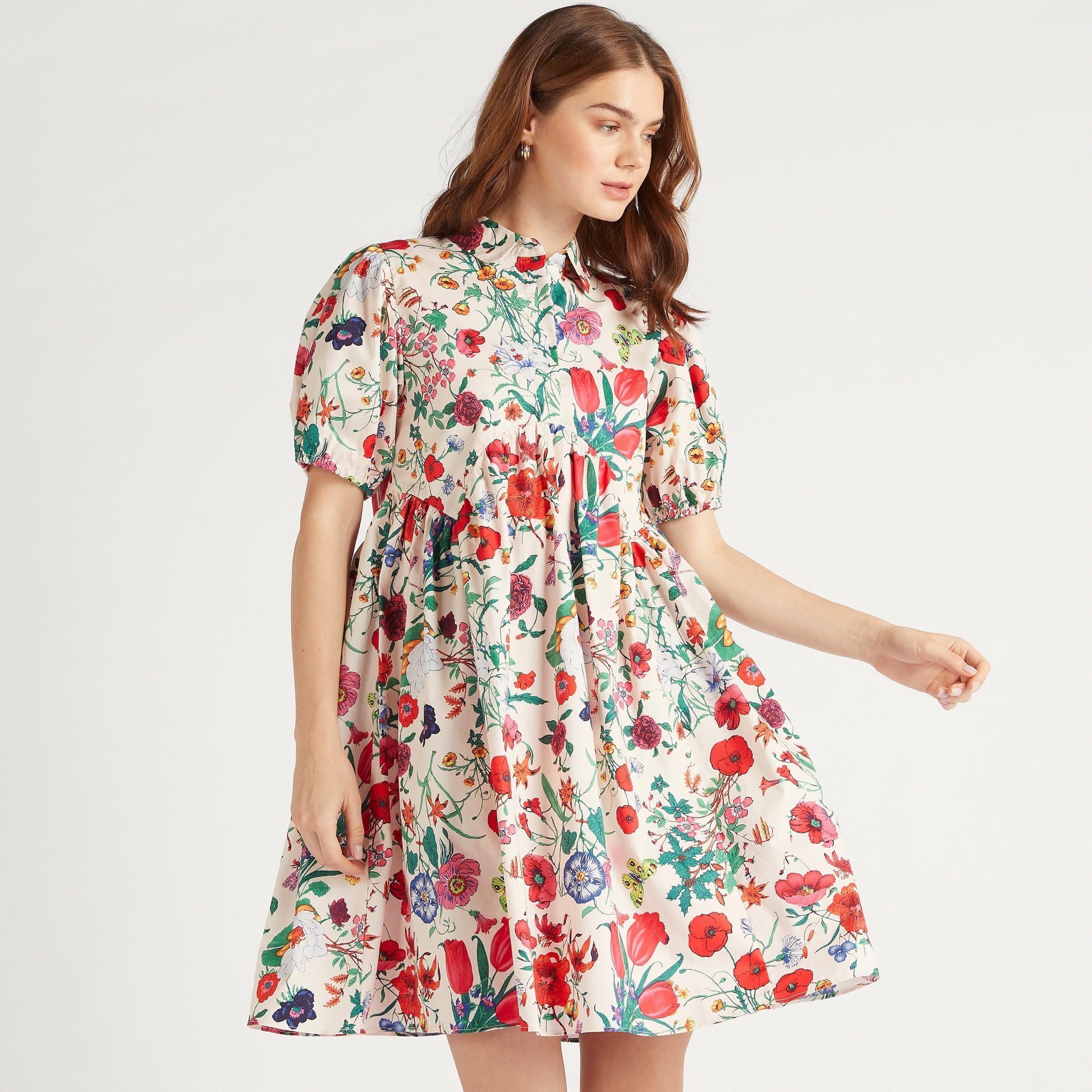 فستان قصير إيه لاين بطبعات أزهار وياقة واسعة وأكمام منفوخة من تو إكستريمز-women-clothing-dresses-image-1