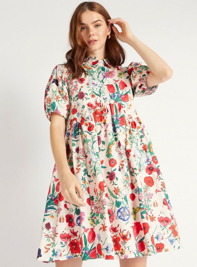 فستان قصير إيه لاين بطبعات أزهار وياقة واسعة وأكمام منفوخة من تو إكستريمز-women-clothing-dresses-image-5