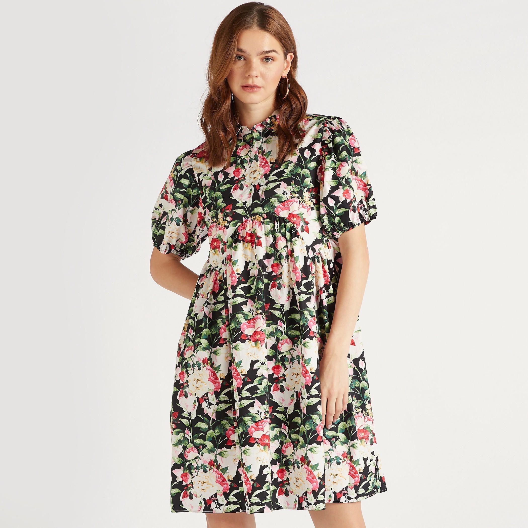 2Xtremz Floral Print A-line Mini Dress with Mandarin Collar and Puff Sleeves-women-clothing-dresses-image-1