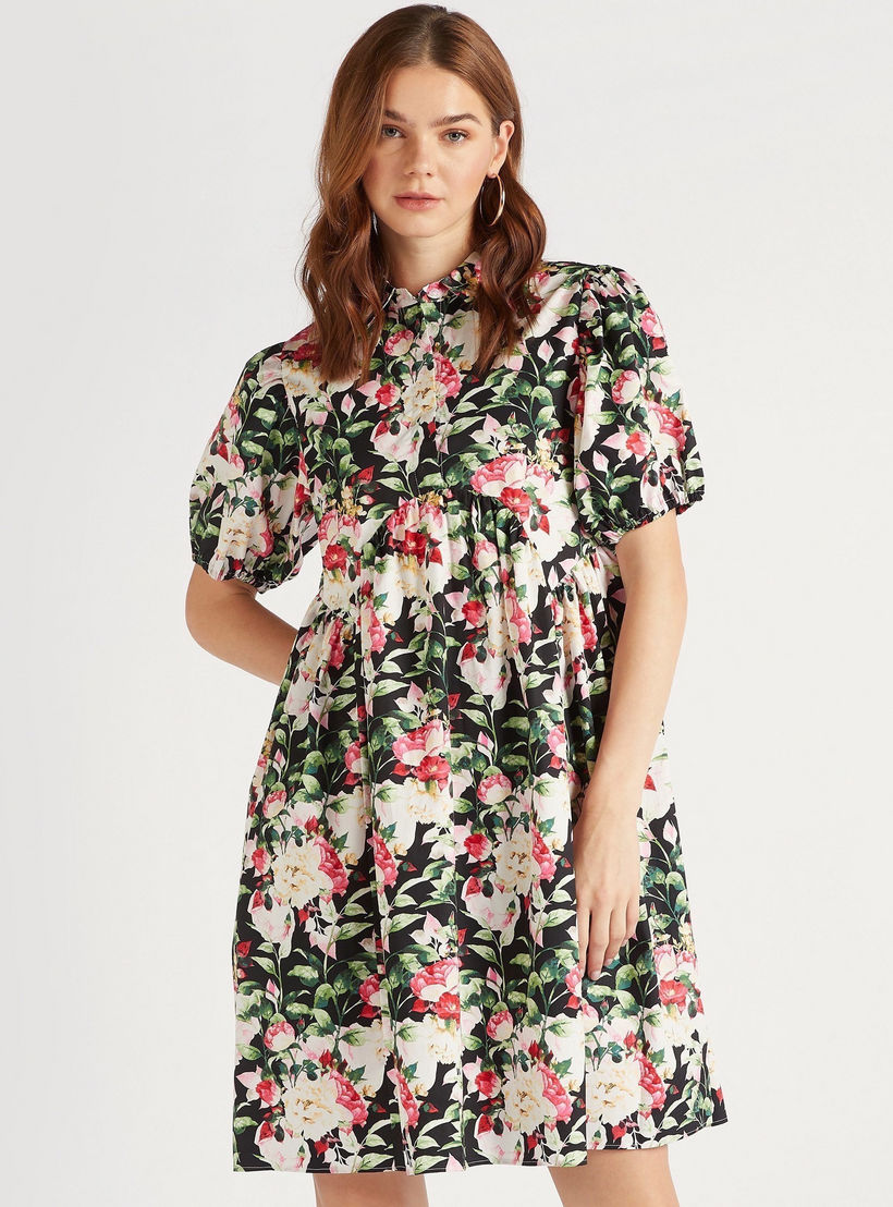 2Xtremz Floral Print A-line Mini Dress with Mandarin Collar and Puff Sleeves-women-clothing-dresses-image-1