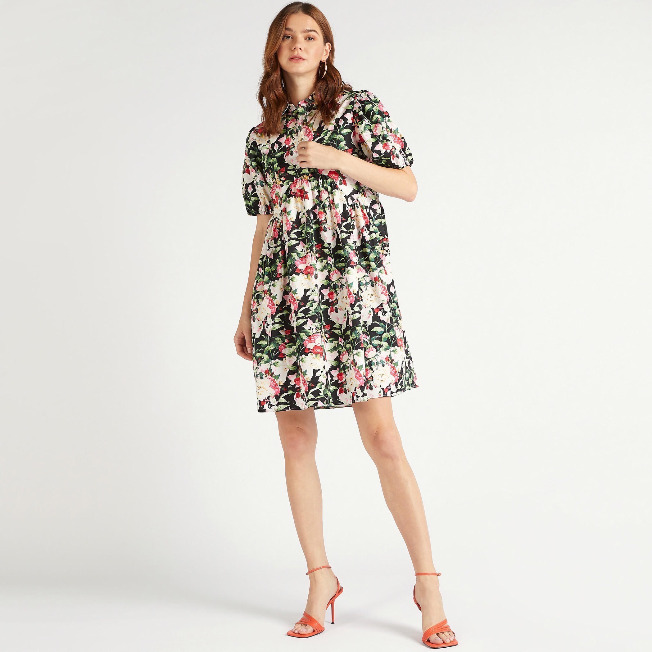 2Xtremz Floral Print A-line Mini Dress with Mandarin Collar and Puff Sleeves-women-clothing-dresses-image-2
