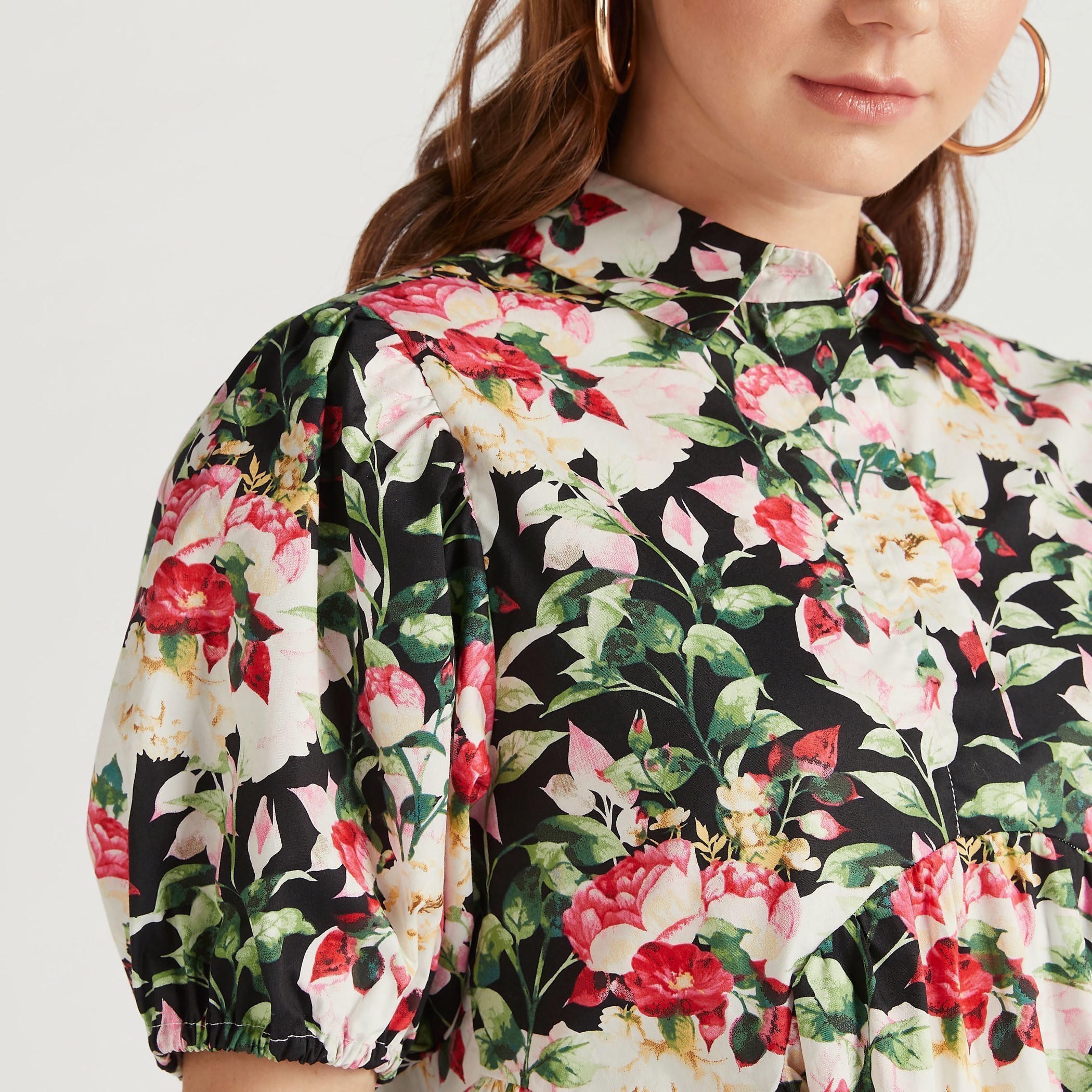 2Xtremz Floral Print A-line Mini Dress with Mandarin Collar and Puff Sleeves-women-clothing-dresses-image-3