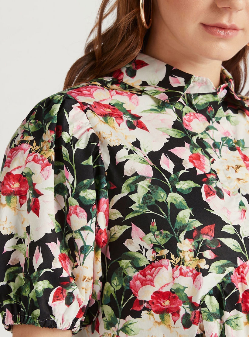 2Xtremz Floral Print A-line Mini Dress with Mandarin Collar and Puff Sleeves-women-clothing-dresses-image-3