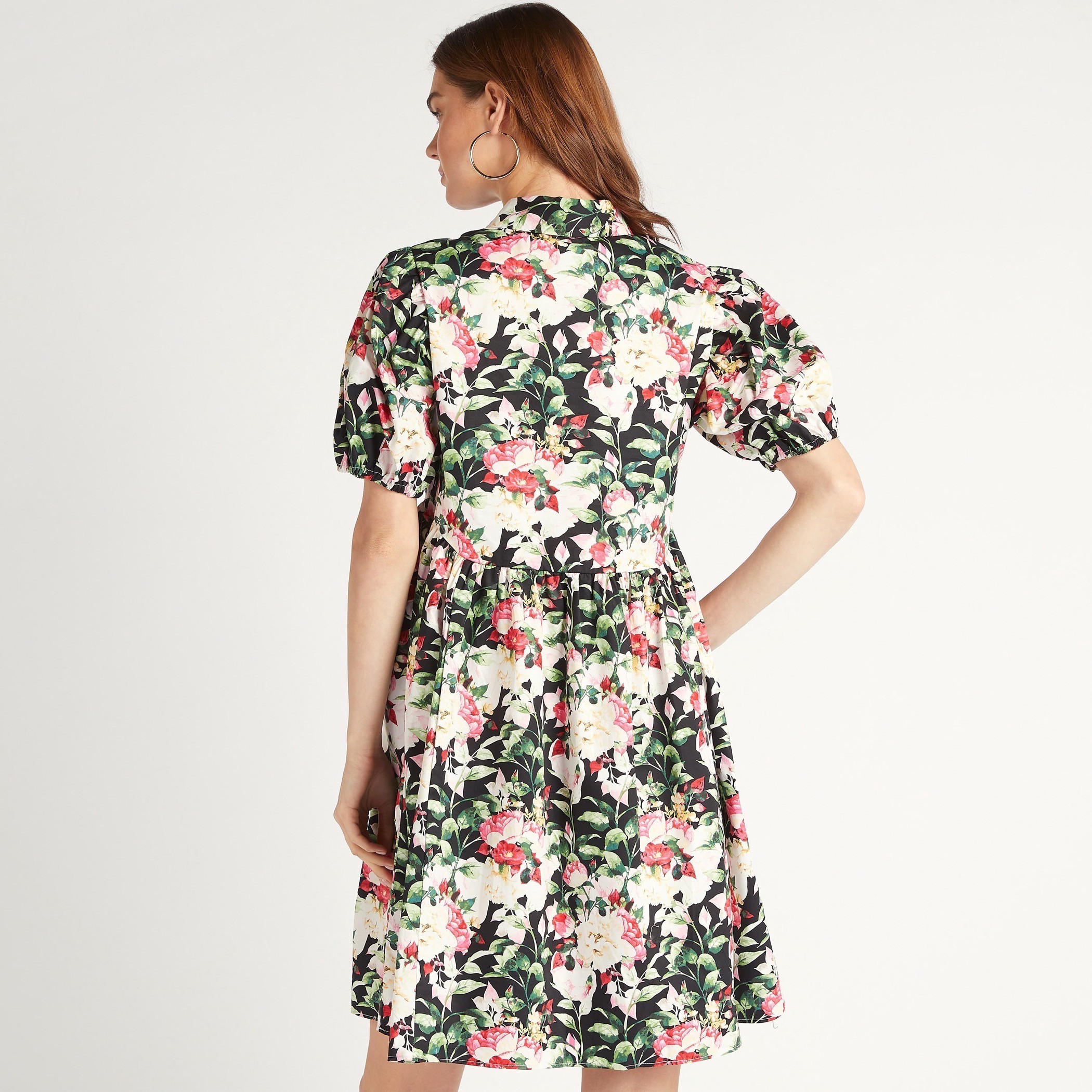 2Xtremz Floral Print A-line Mini Dress with Mandarin Collar and Puff Sleeves-women-clothing-dresses-image-4