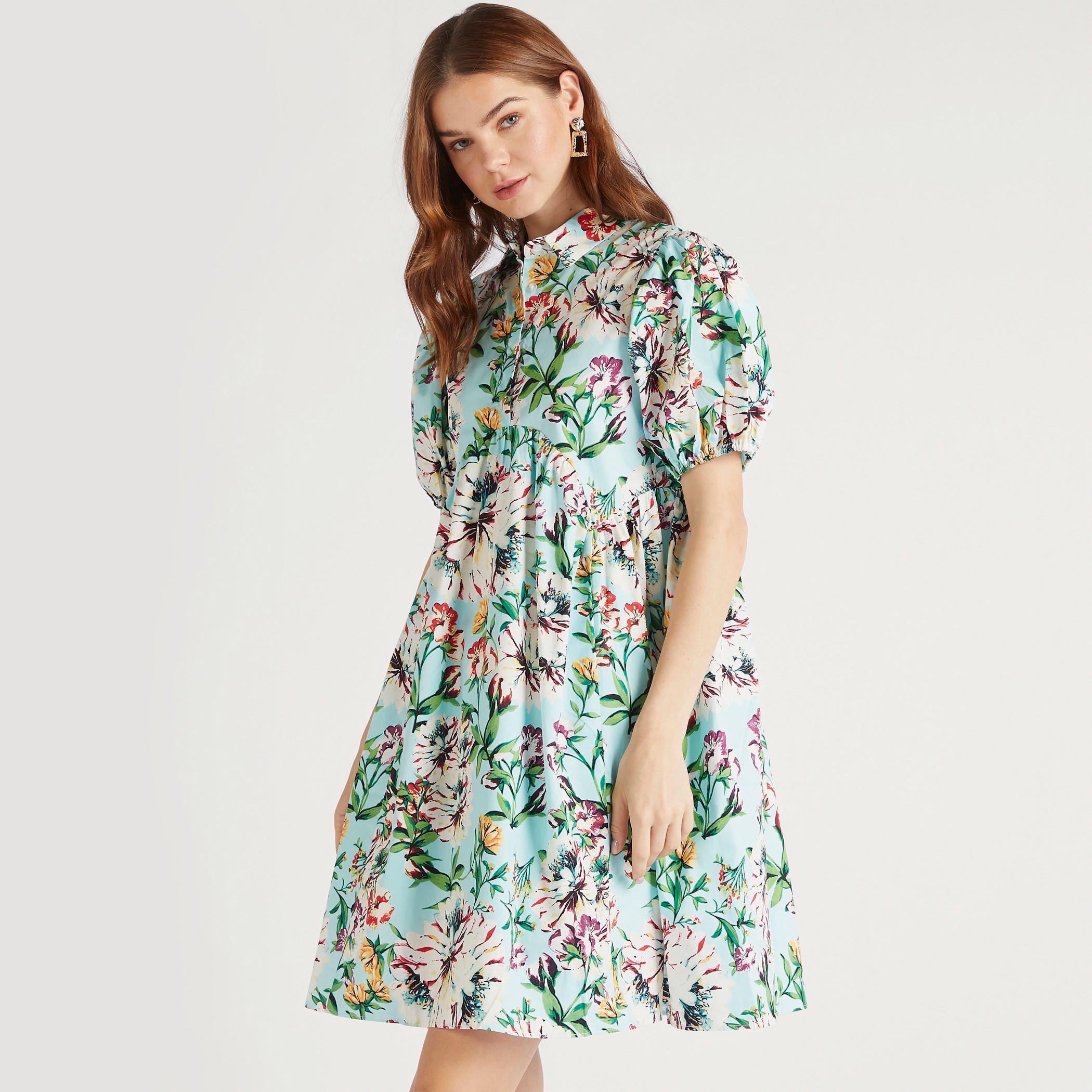 2Xtremez Floral Print Mini A-line Dress with Spread Collar and Puff Sleeves-women-clothing-dresses-image-1