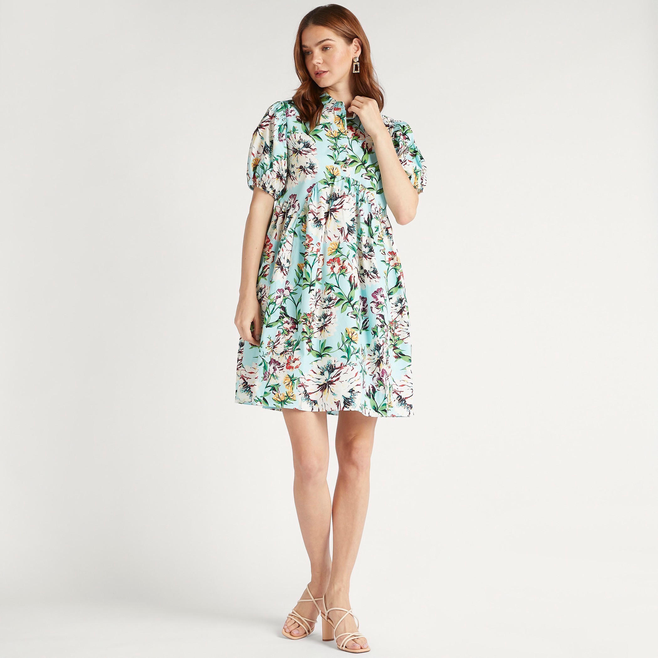 2Xtremez Floral Print Mini A-line Dress with Spread Collar and Puff Sleeves-women-clothing-dresses-image-2
