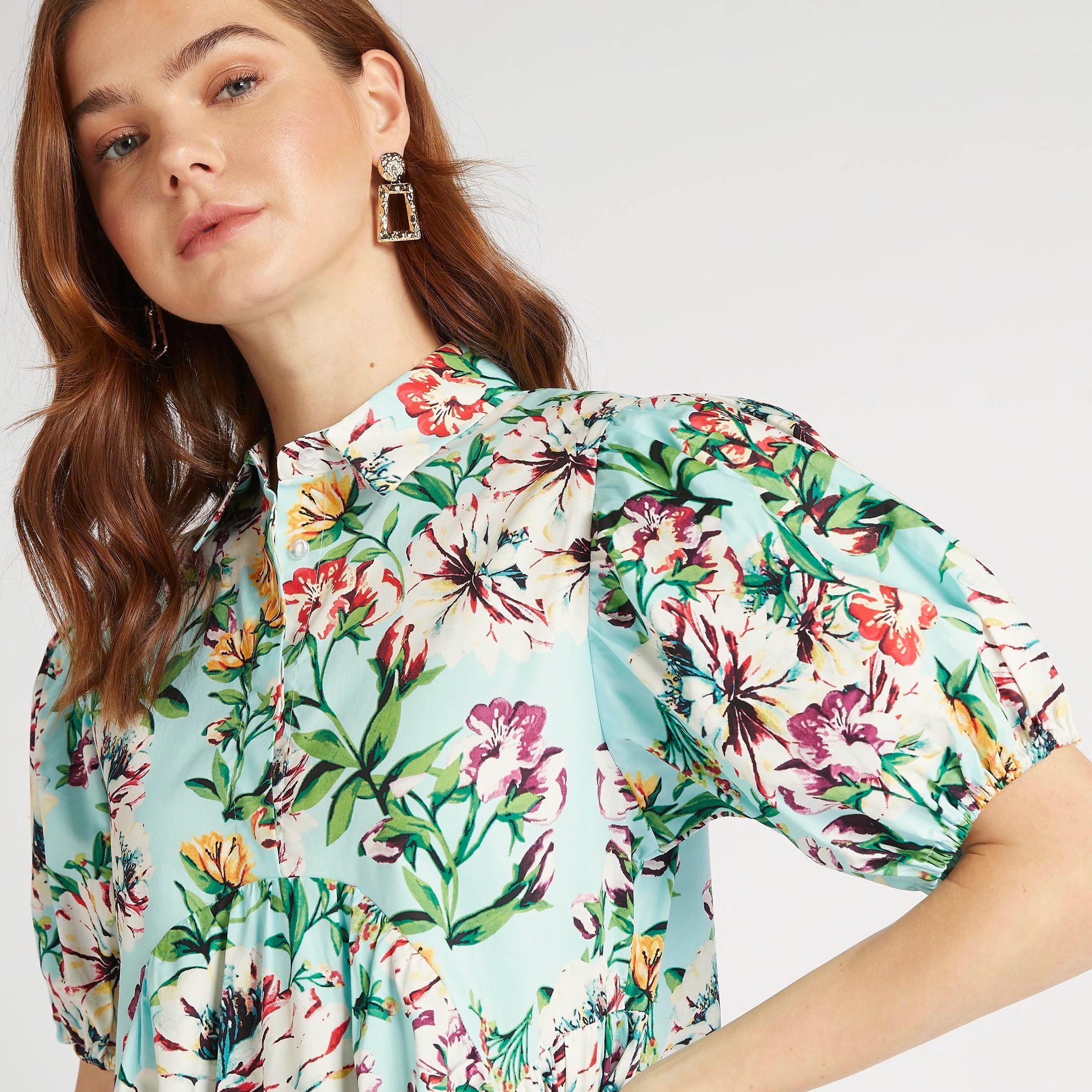 2Xtremez Floral Print Mini A-line Dress with Spread Collar and Puff Sleeves-women-clothing-dresses-image-3