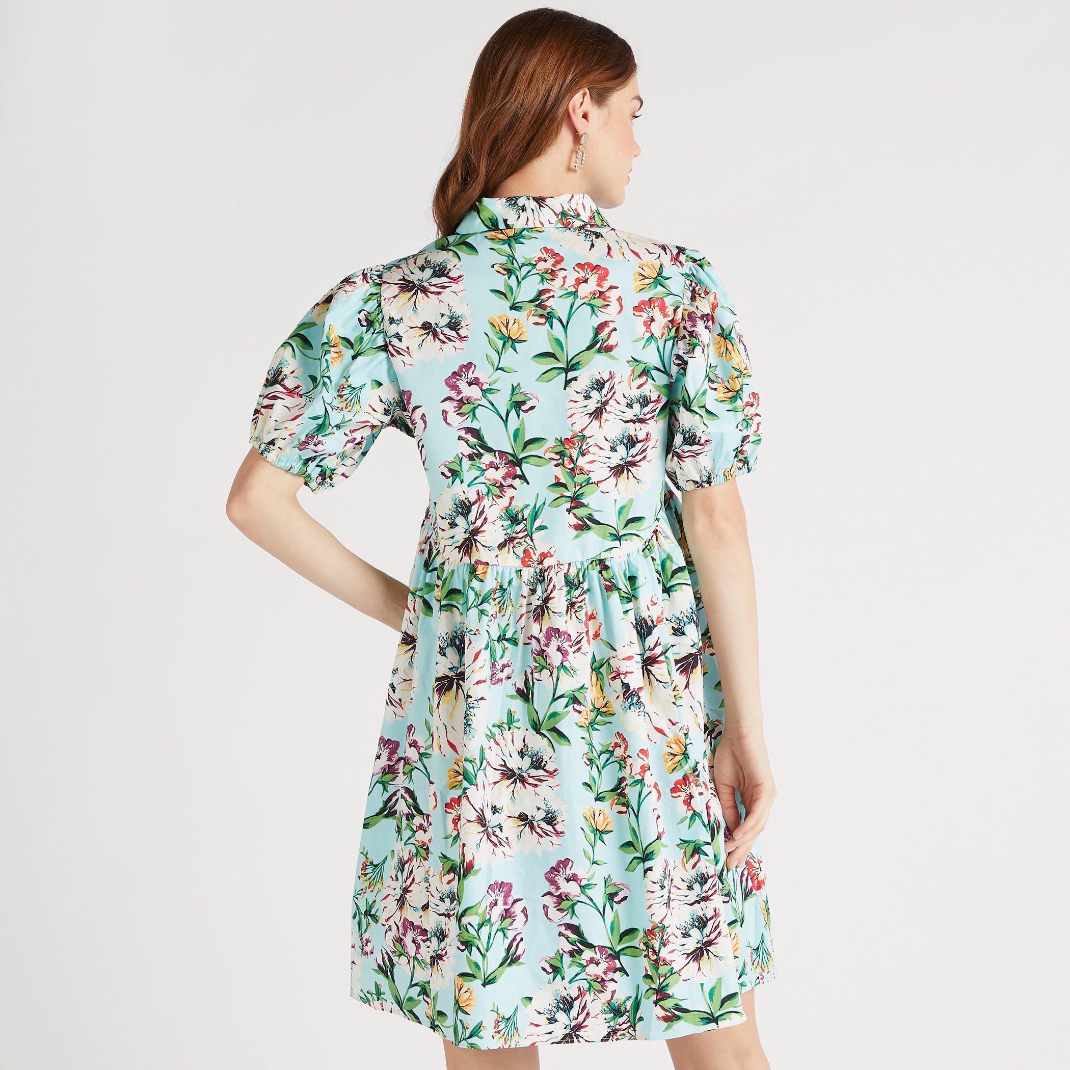 2Xtremez Floral Print Mini A-line Dress with Spread Collar and Puff Sleeves-women-clothing-dresses-image-4