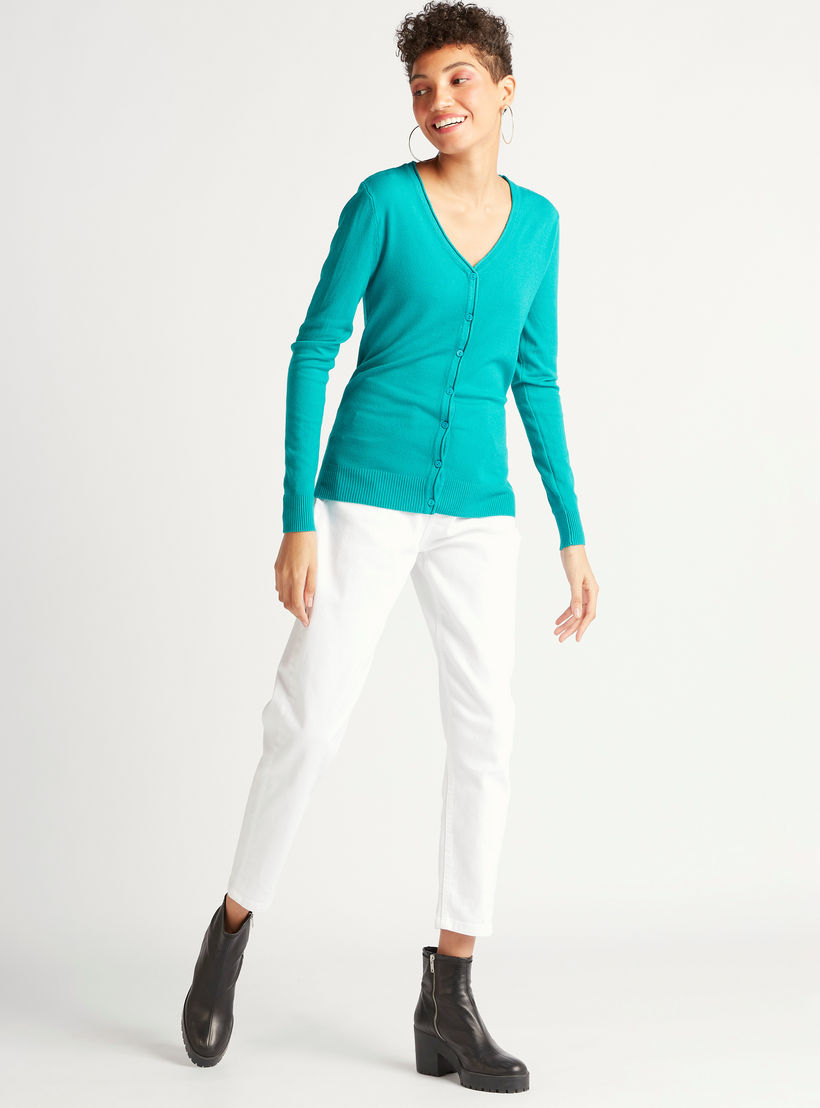 كارديجان سادة بياقة V وأكمام طويلة من تو إكستريمز-women-winterwear-cardigansandjumpers-cardigans-image-3