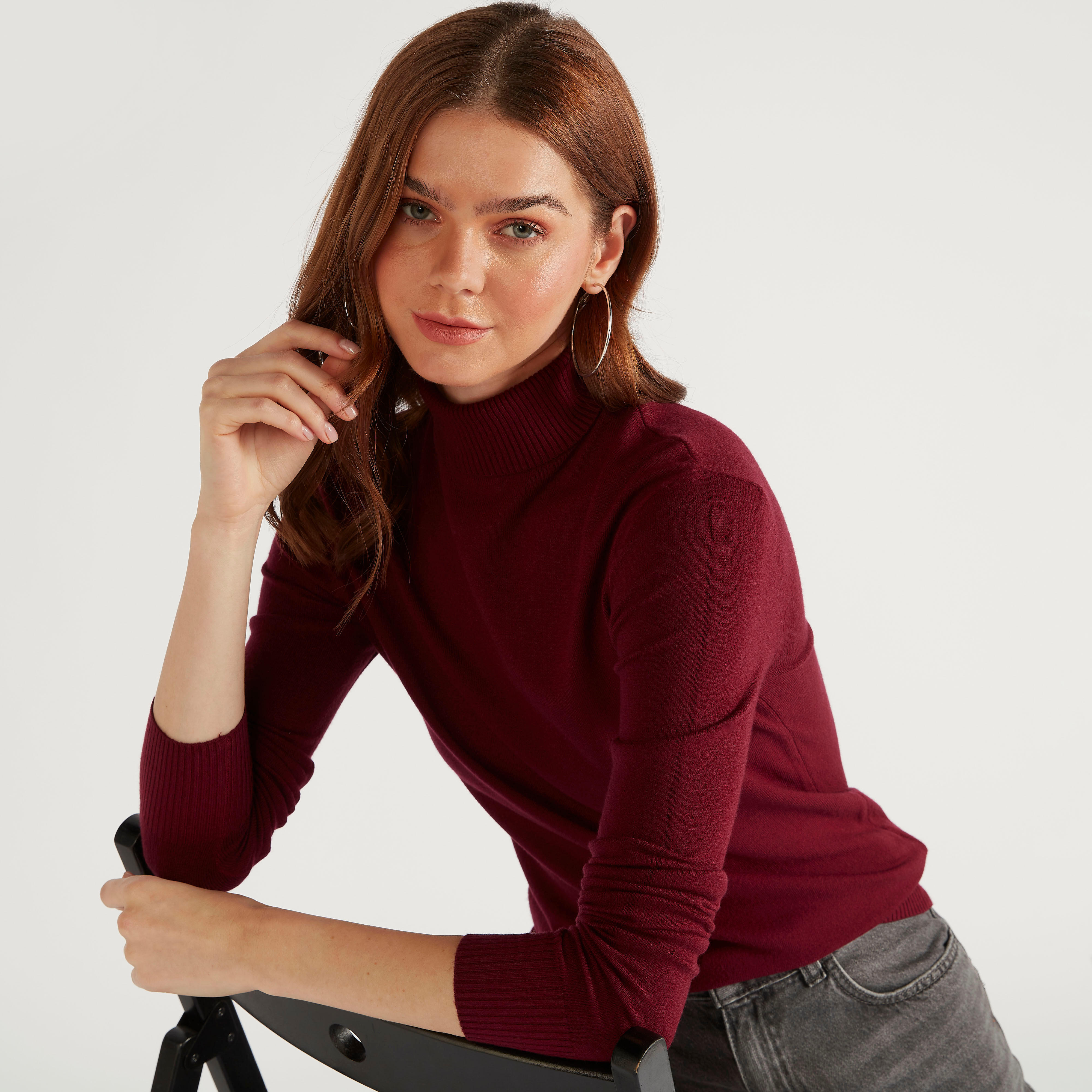 كنزة سادة بياقة عالية وأكمام طويلة من تو إكستريمز-women-clothing-cardigansandjumpers-jumpers-image-1