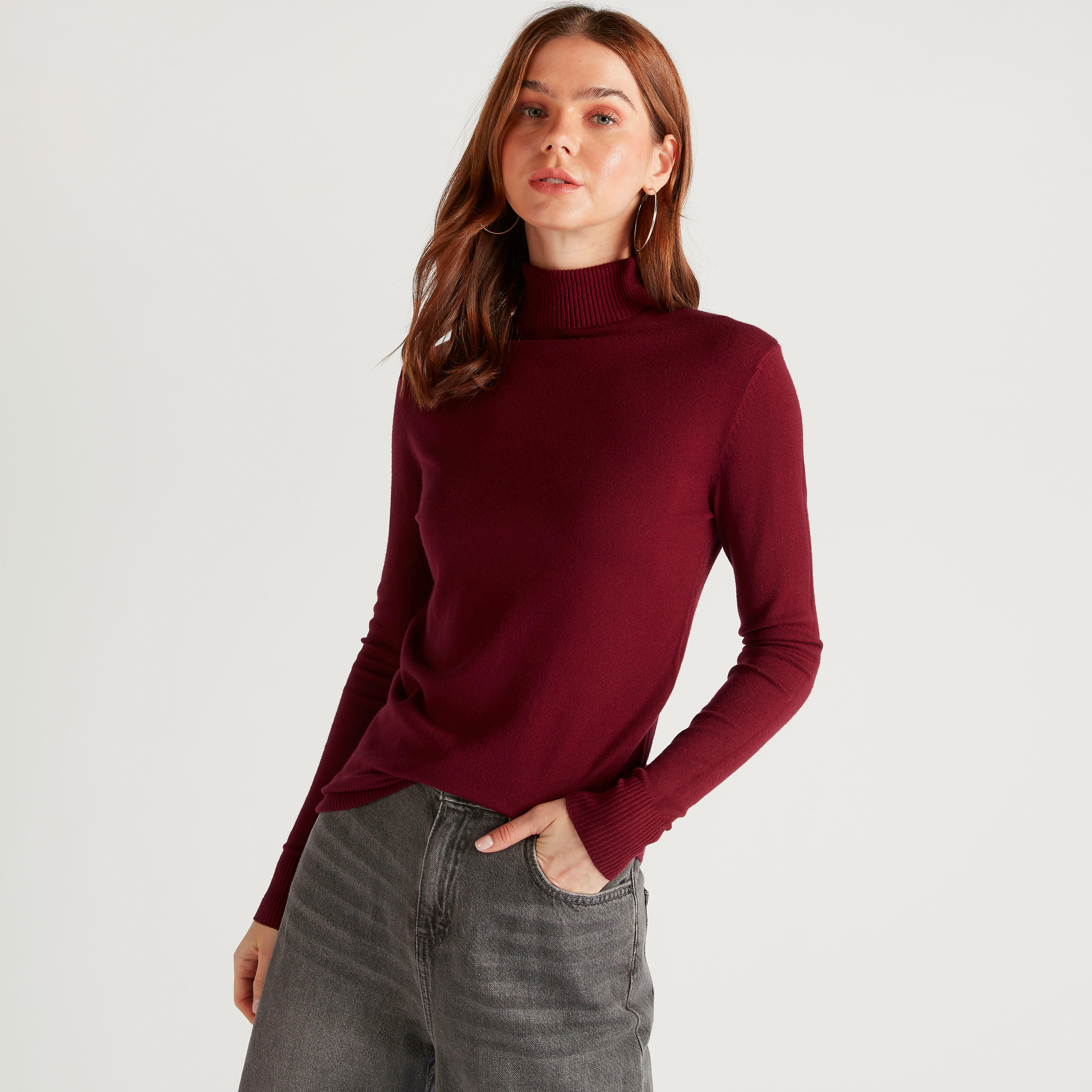كنزة سادة بياقة عالية وأكمام طويلة من تو إكستريمز-women-clothing-cardigansandjumpers-jumpers-image-5