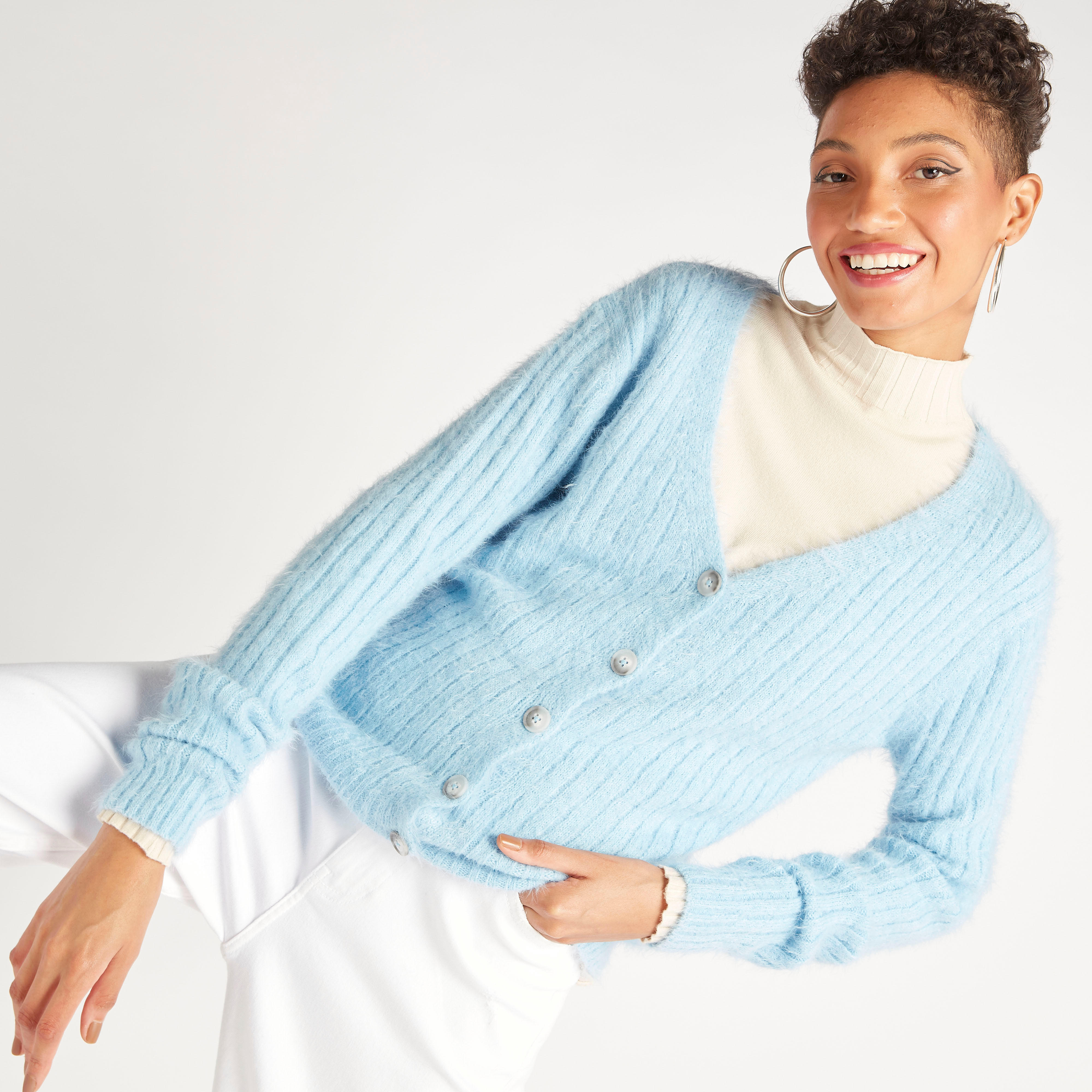 كارديجان مضلّع بياقة v وأكمام طويلة من تو إكستريمز-women-winterwear-cardigansandjumpers-cardigans-image-1