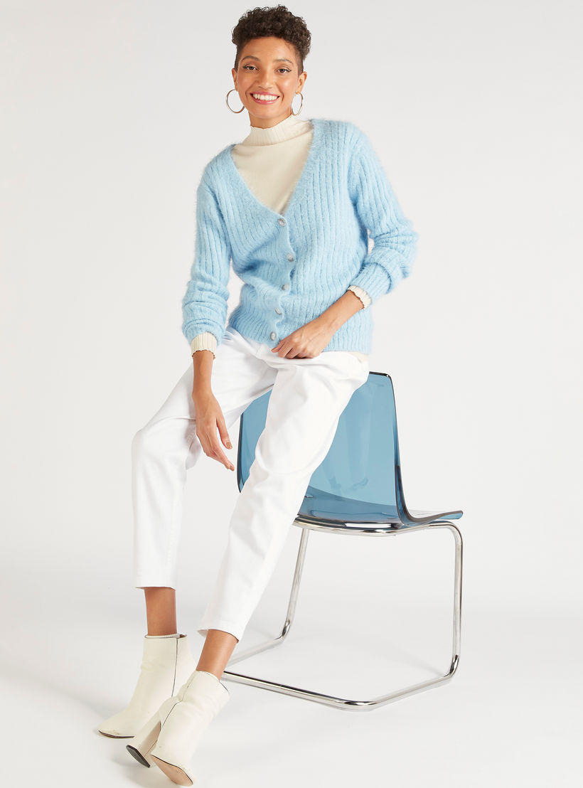 كارديجان مضلّع بياقة v وأكمام طويلة من تو إكستريمز-women-winterwear-cardigansandjumpers-cardigans-image-2