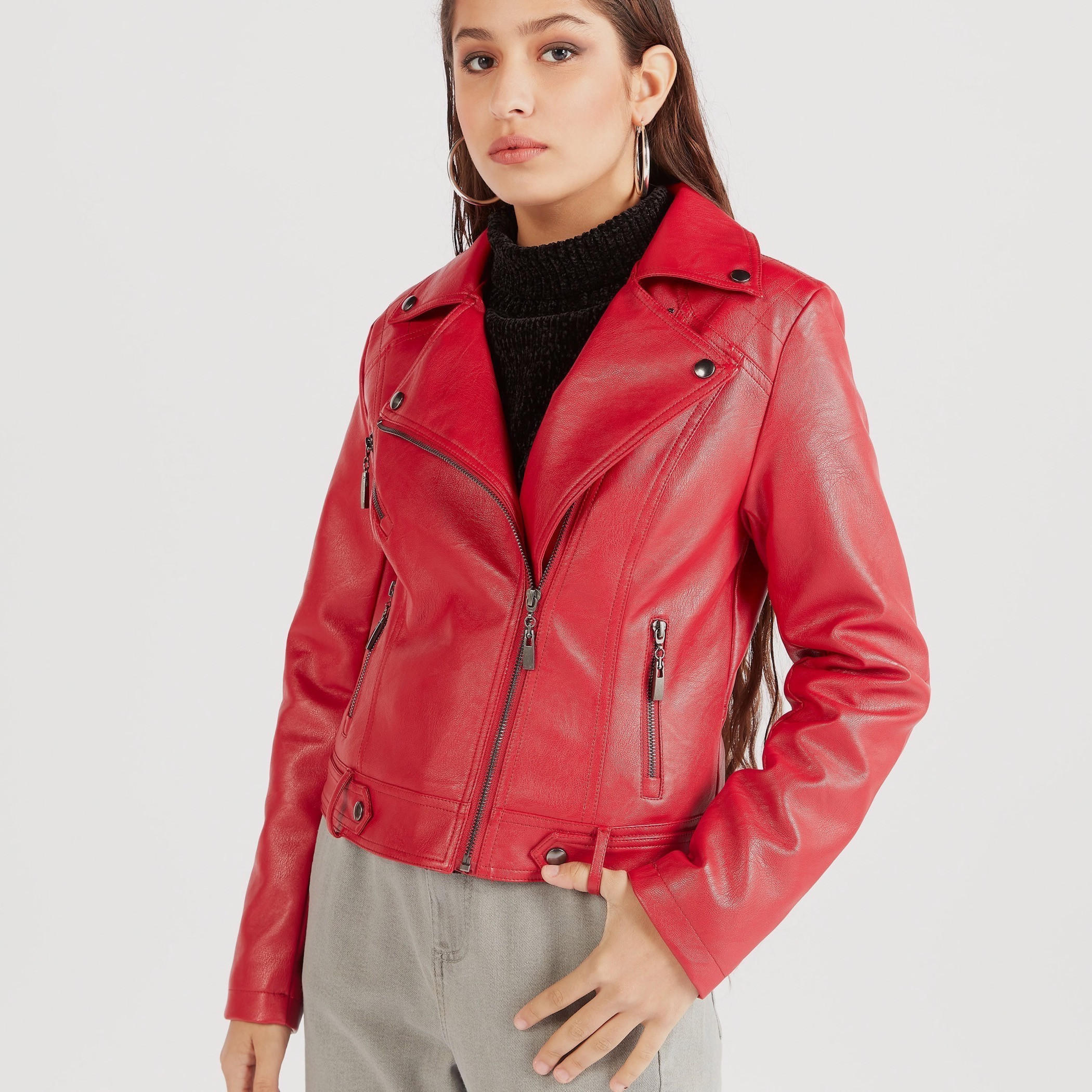 جاكيت بايكر سادة وسحاب إغلاق من تو إكستريمز-women-winterwear-coatsandjackets-jackets-image-2