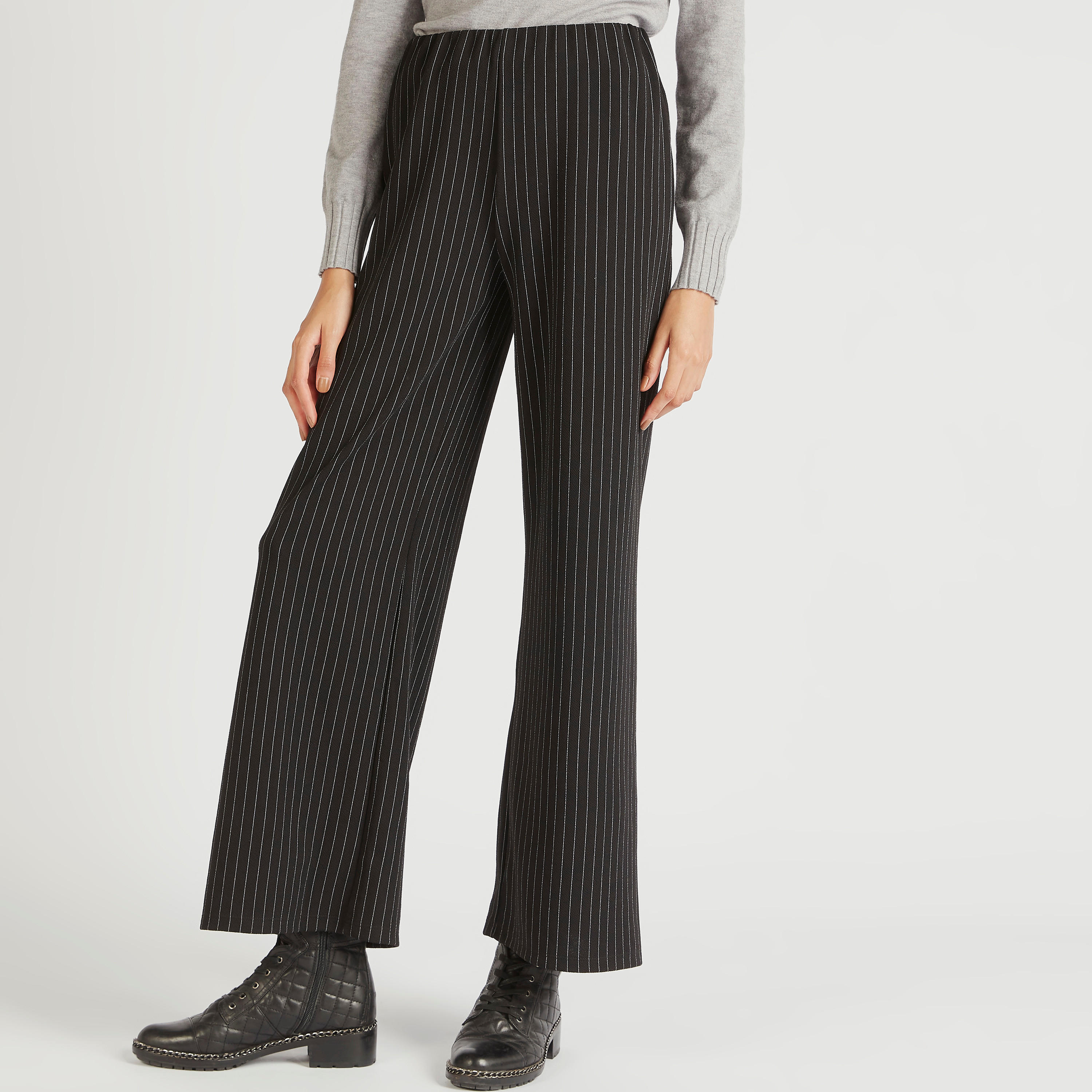 بنطلون منسوجة مقلّمة بياقة عالية من تو إكستريمز-women-clothing-bottoms-trousers-image-1