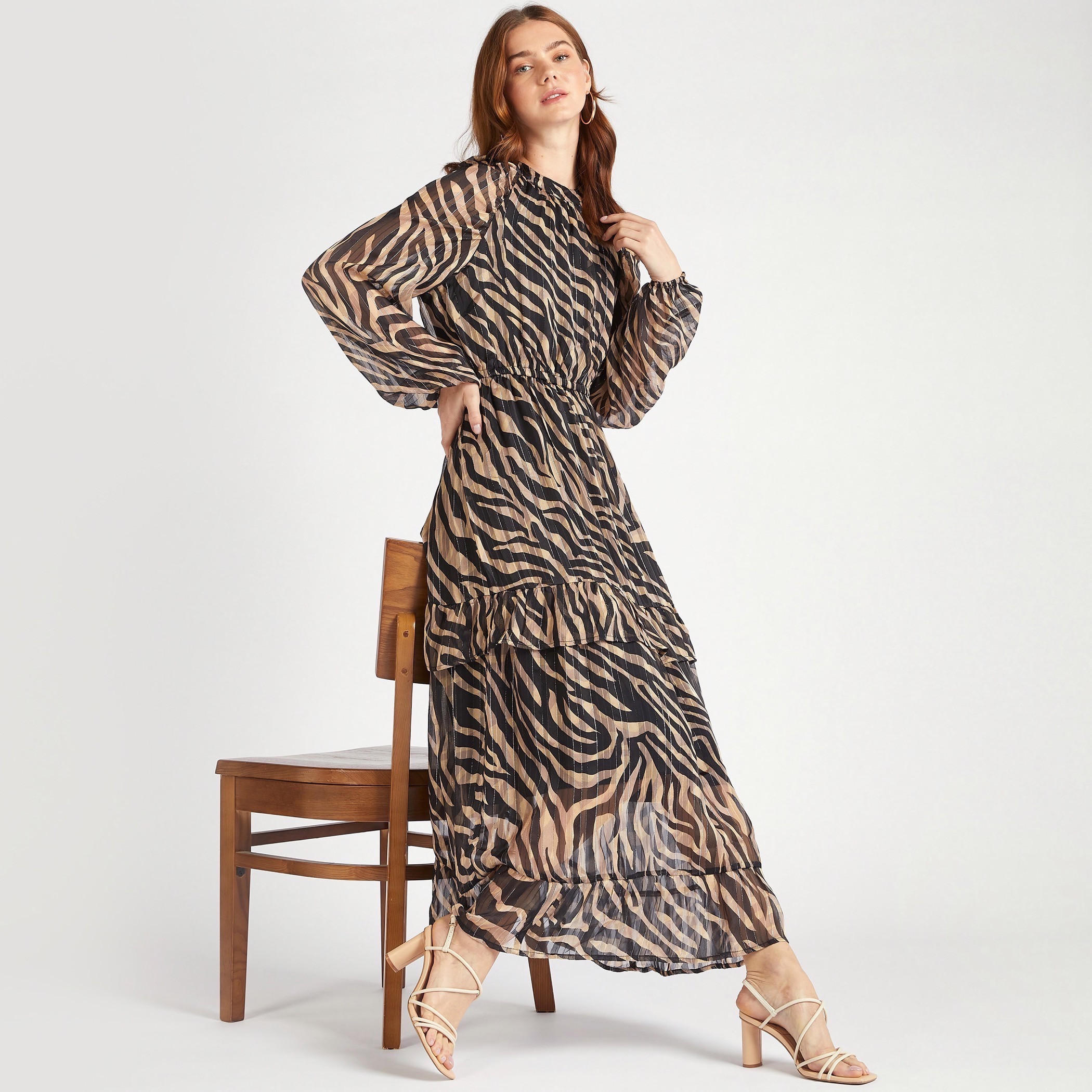 2Xtremz Animal Print High Neck Maxi A-Line Dress with Long Sleeves-women-clothing-dresses-image-1