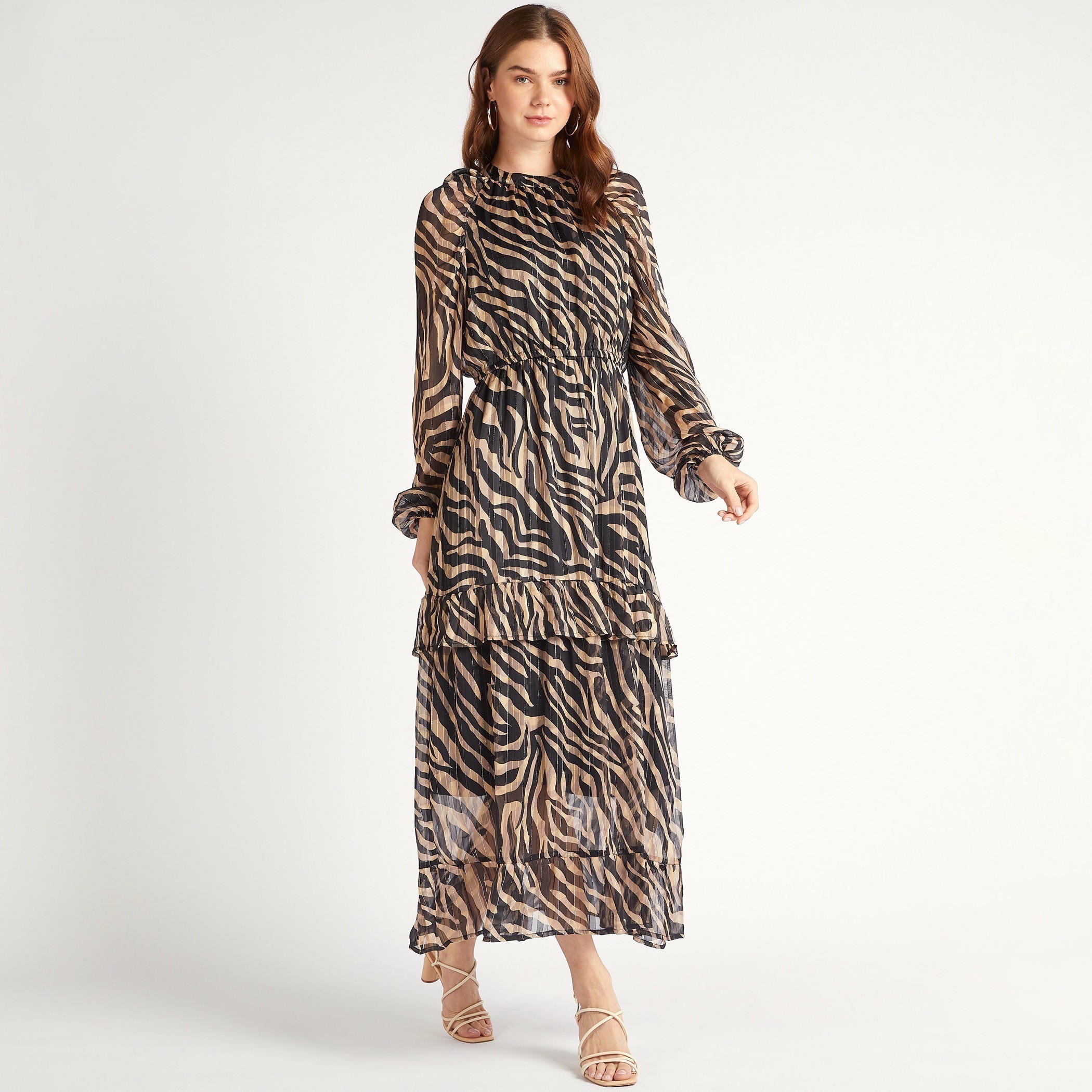 2Xtremz Animal Print High Neck Maxi A-Line Dress with Long Sleeves-women-clothing-dresses-image-2