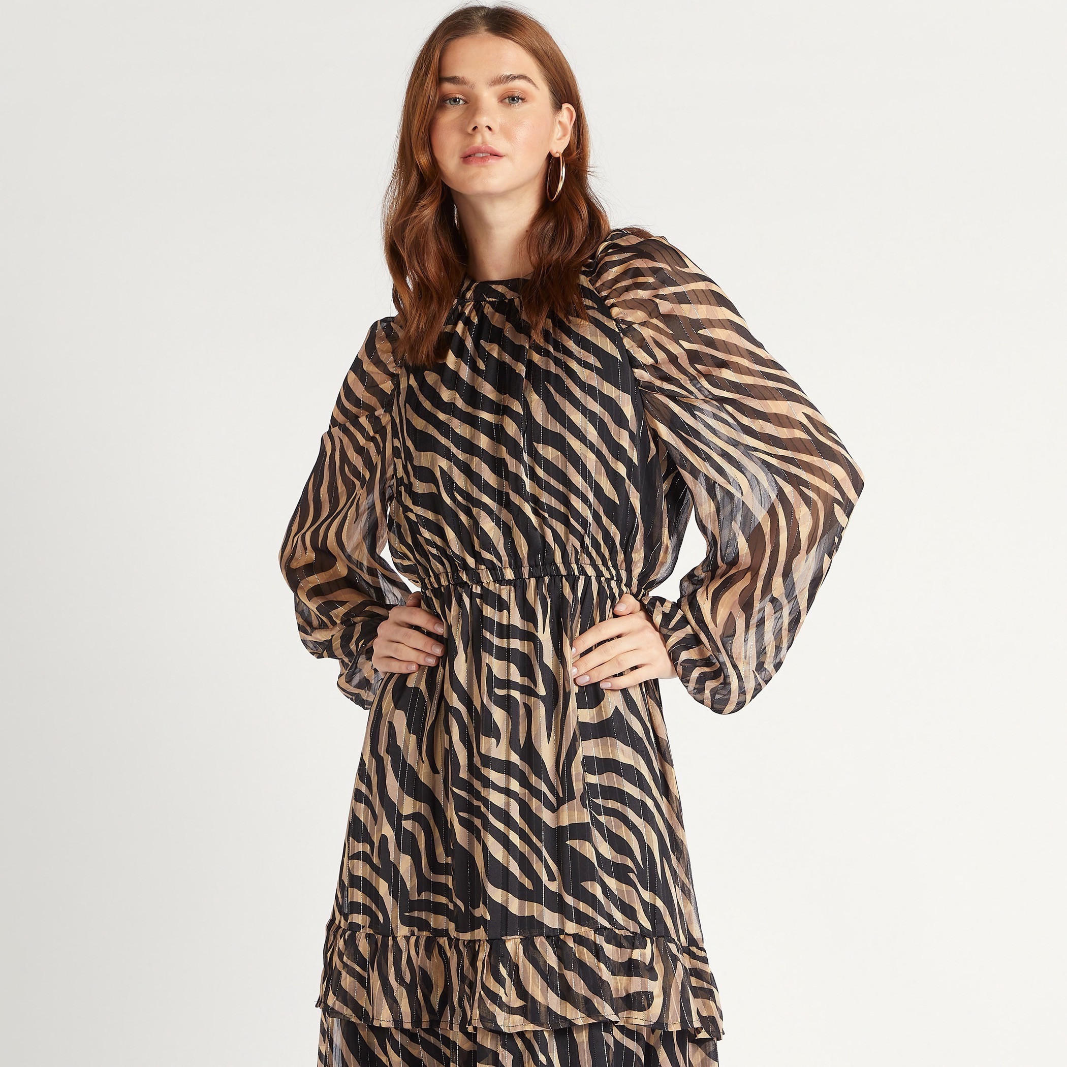2Xtremz Animal Print High Neck Maxi A-Line Dress with Long Sleeves-women-clothing-dresses-image-5