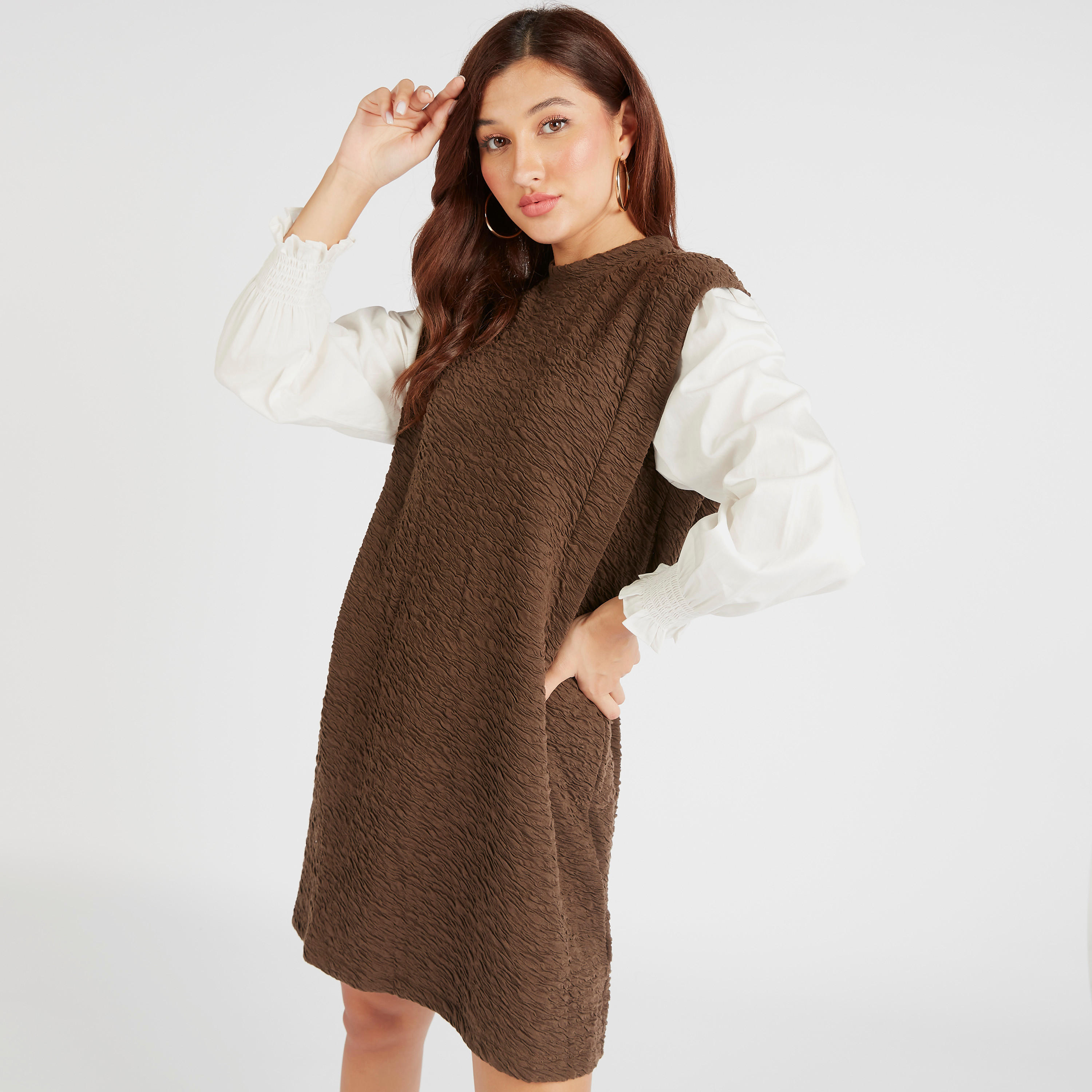 2Xtremz Textured Mini Shift Dress with Long Sleeves-women-clothing-dresses-image-1