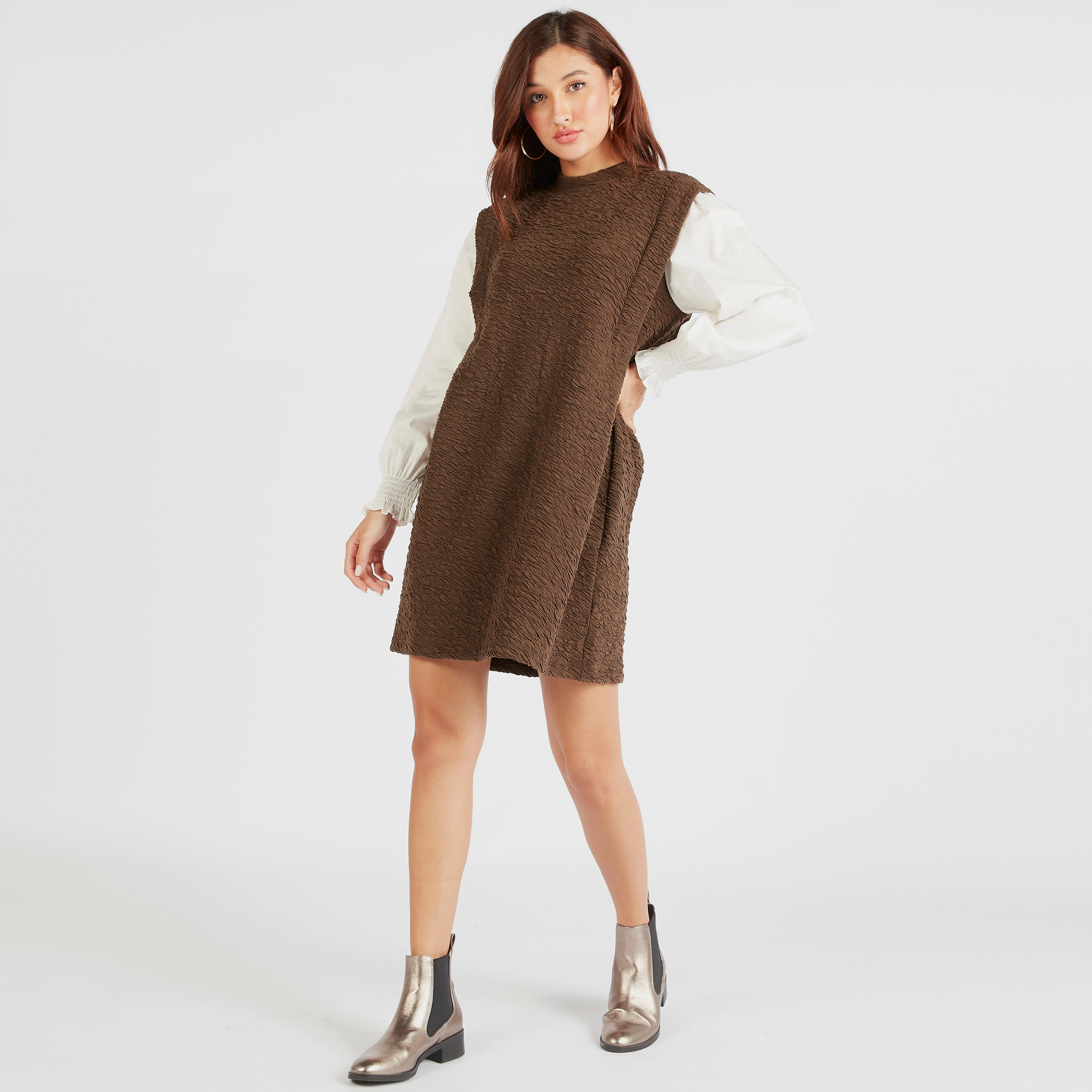 2Xtremz Textured Mini Shift Dress with Long Sleeves-women-clothing-dresses-image-2