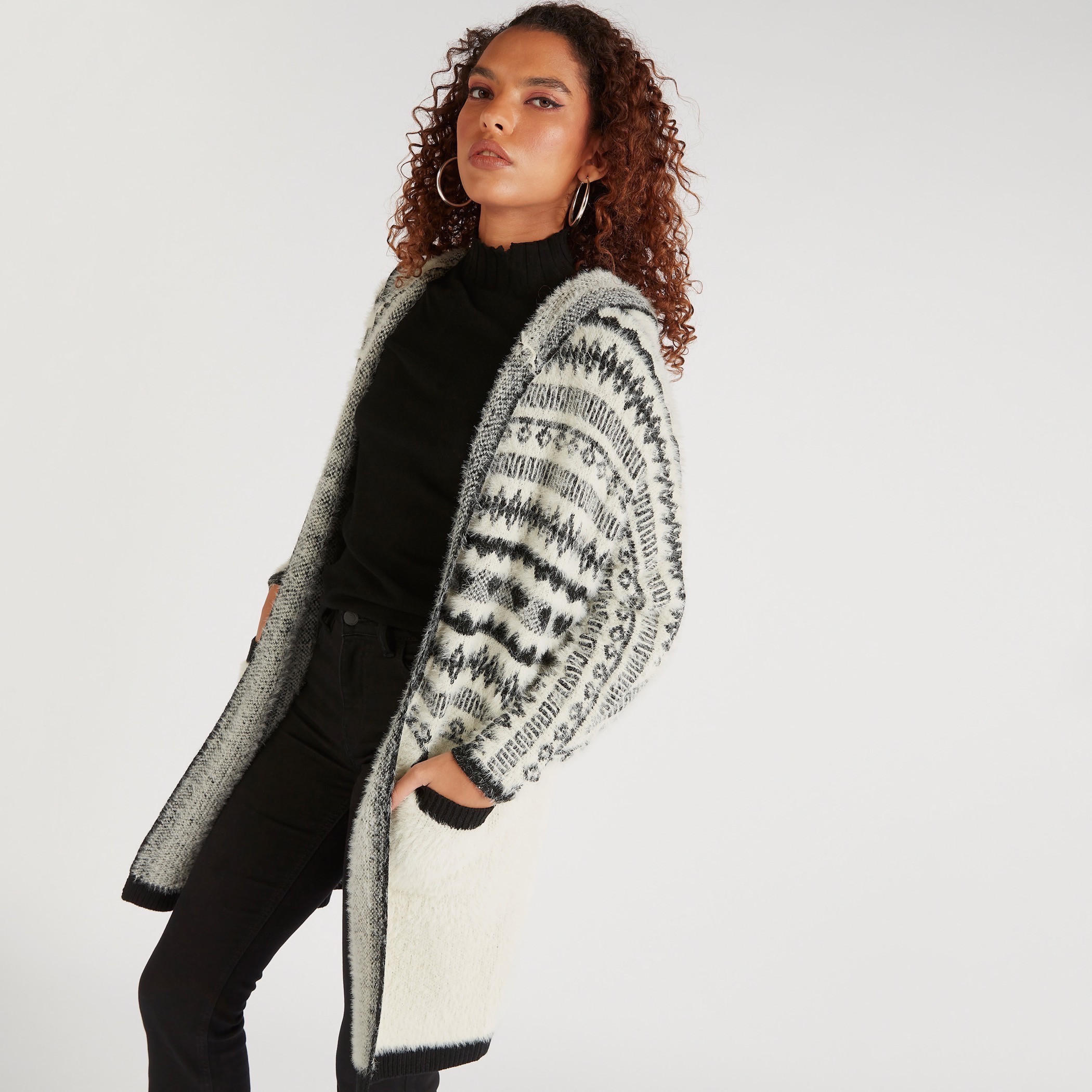 2Xtremz Textured Long Sleeves Cardigan with Hood and Pockets-women-winterwear-cardigansandjumpers-cardigans-image-1