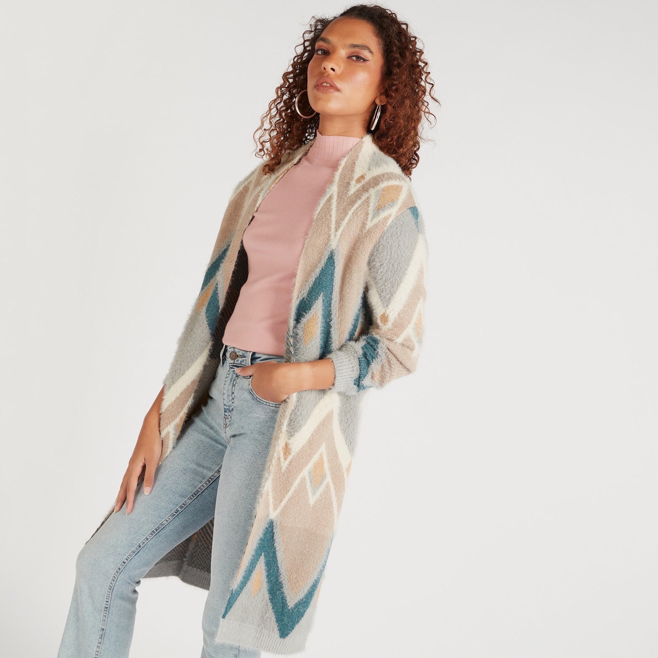 كارديجان بطبعات وأكمام طويلة وياقة منسدلة من تو إكستريمز-women-winterwear-cardigansandjumpers-cardigans-image-1
