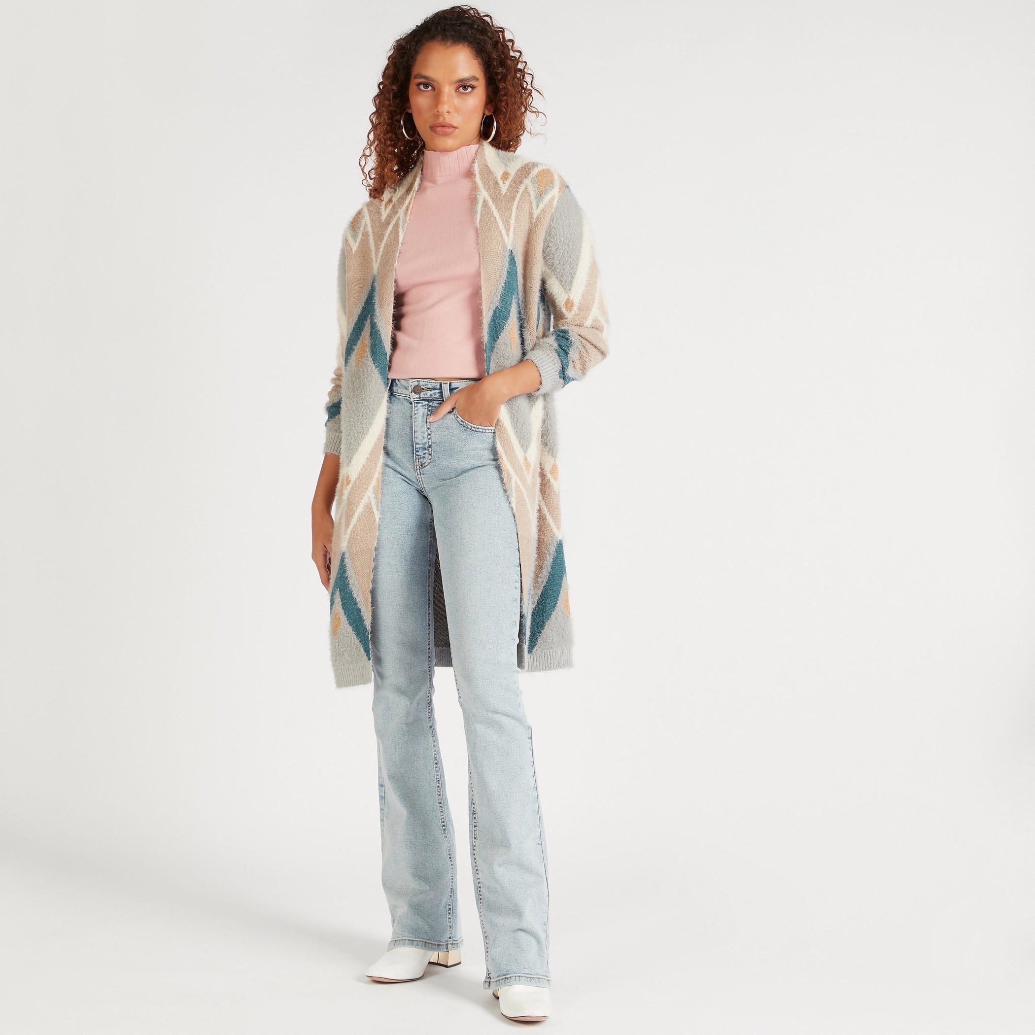 كارديجان بطبعات وأكمام طويلة وياقة منسدلة من تو إكستريمز-women-winterwear-cardigansandjumpers-cardigans-image-2