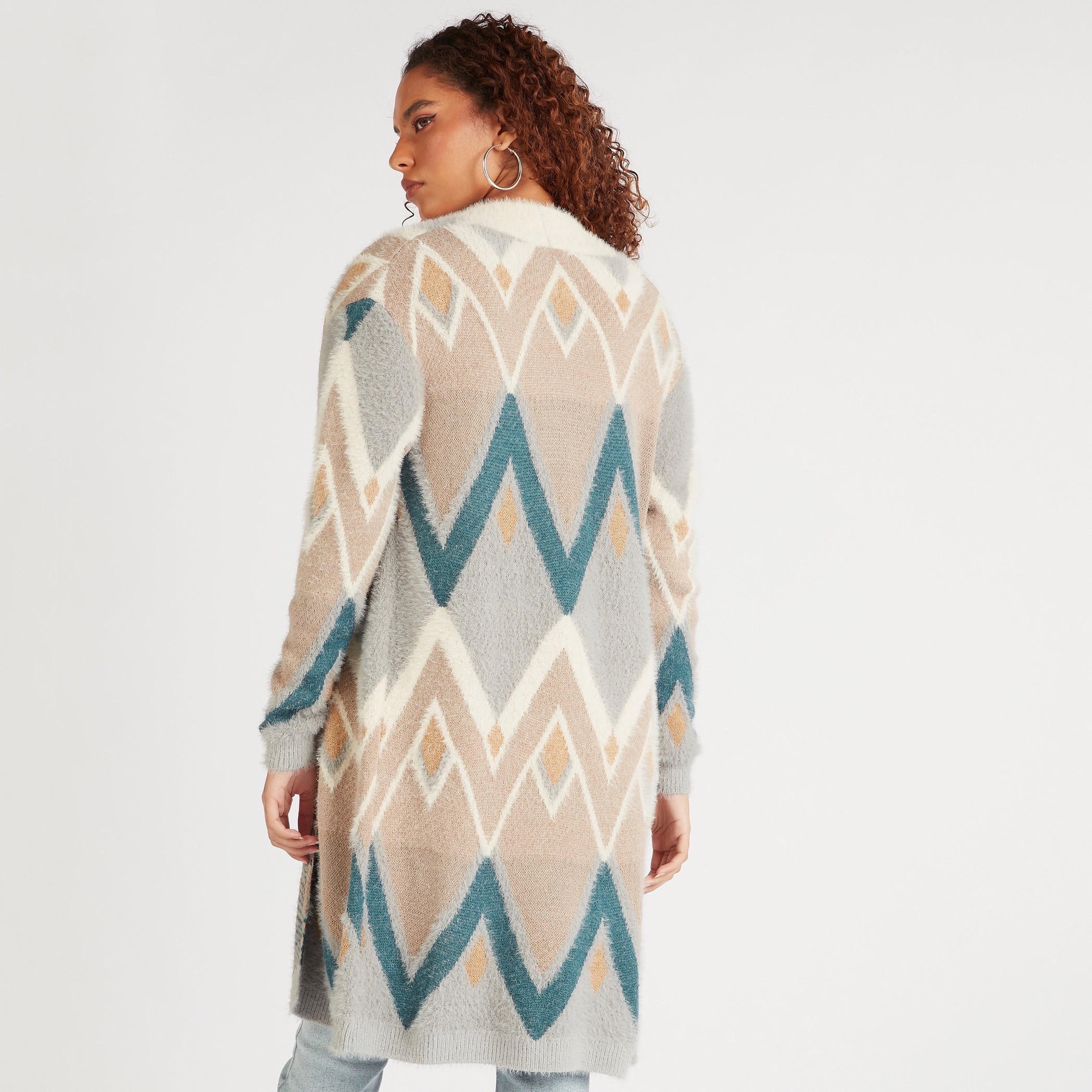 كارديجان بطبعات وأكمام طويلة وياقة منسدلة من تو إكستريمز-women-winterwear-cardigansandjumpers-cardigans-image-4