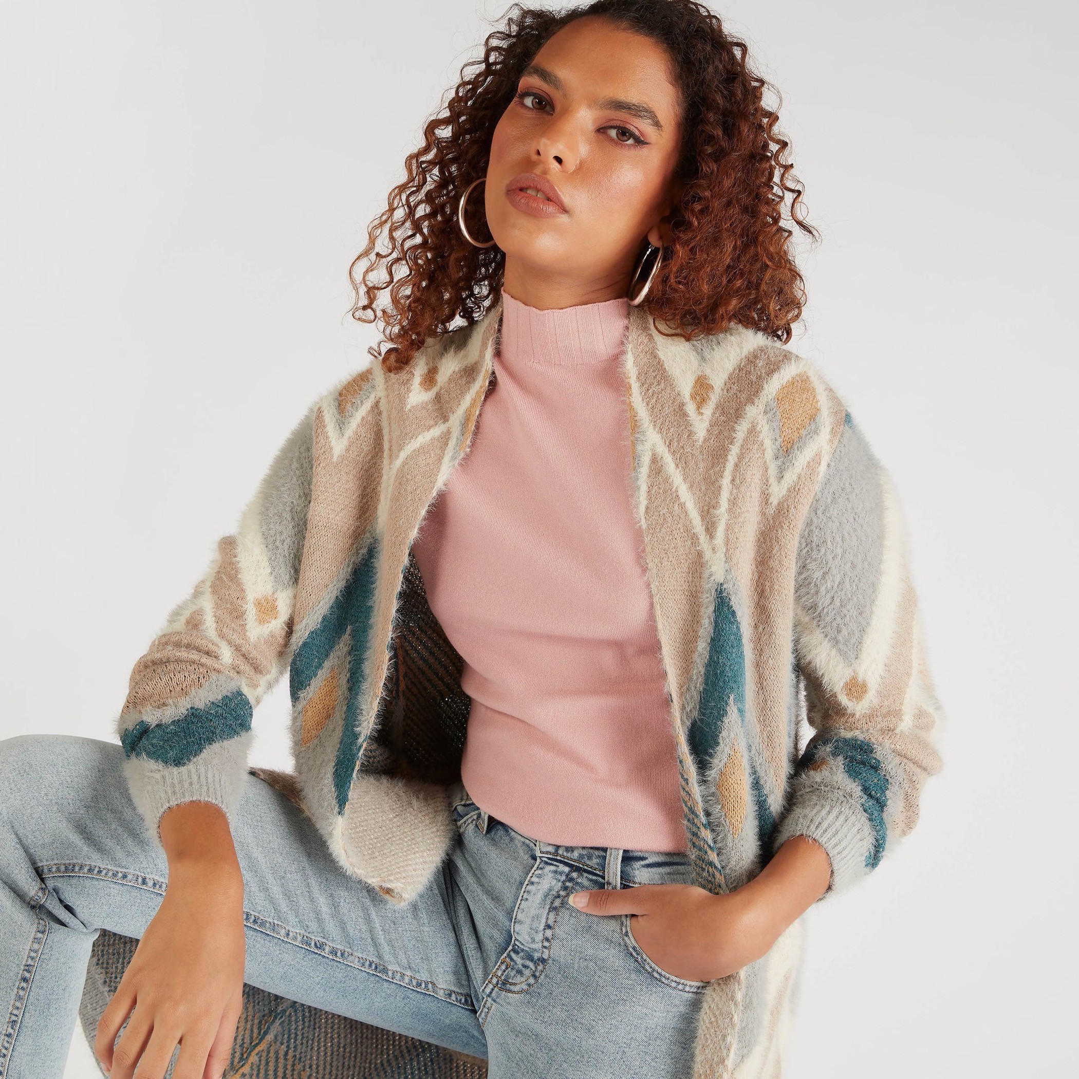كارديجان بطبعات وأكمام طويلة وياقة منسدلة من تو إكستريمز-women-winterwear-cardigansandjumpers-cardigans-image-6