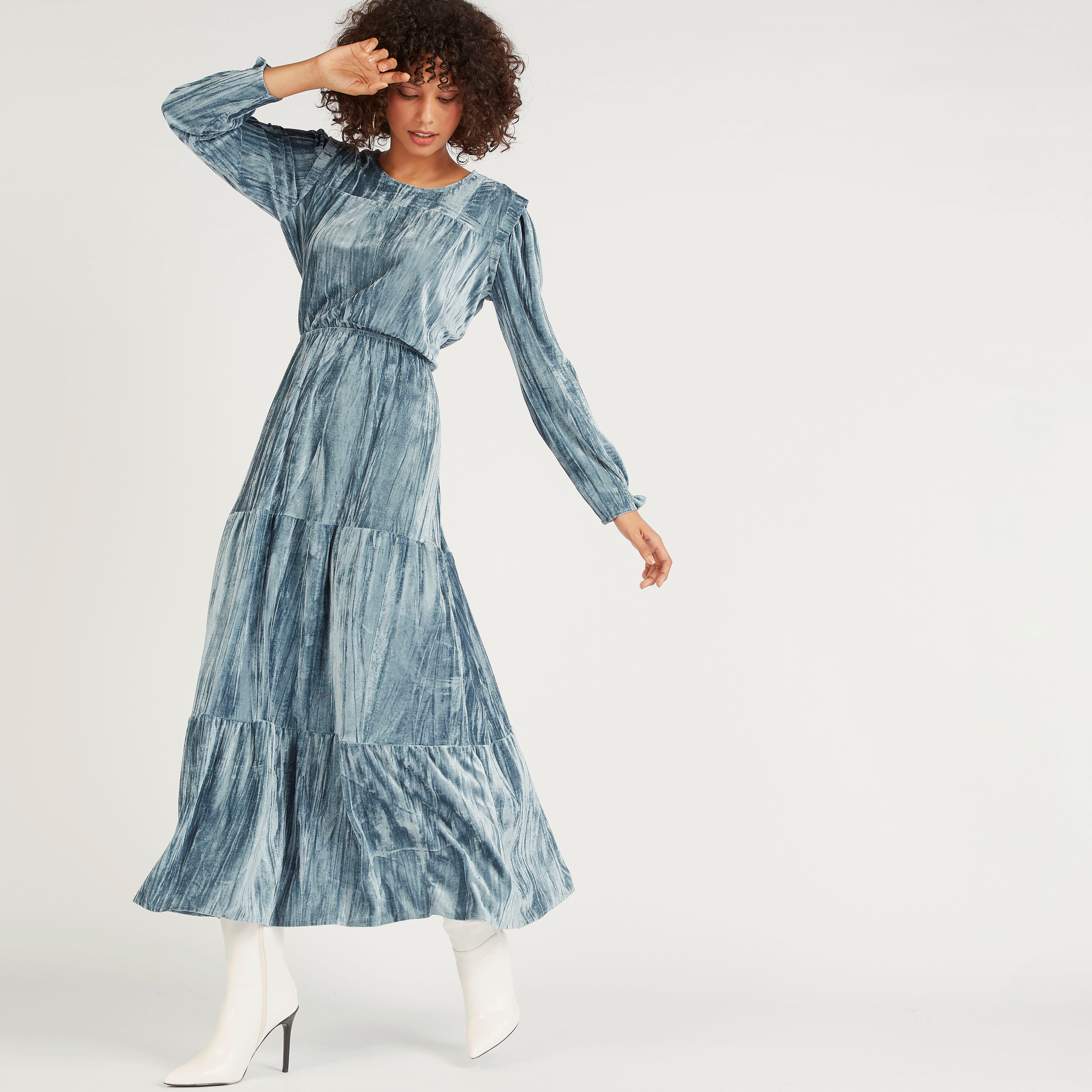 فستان إيه لاين طويل بارز الملمس بأكمام طويلة من تو إكستريمز-women-clothing-dresses-image-1