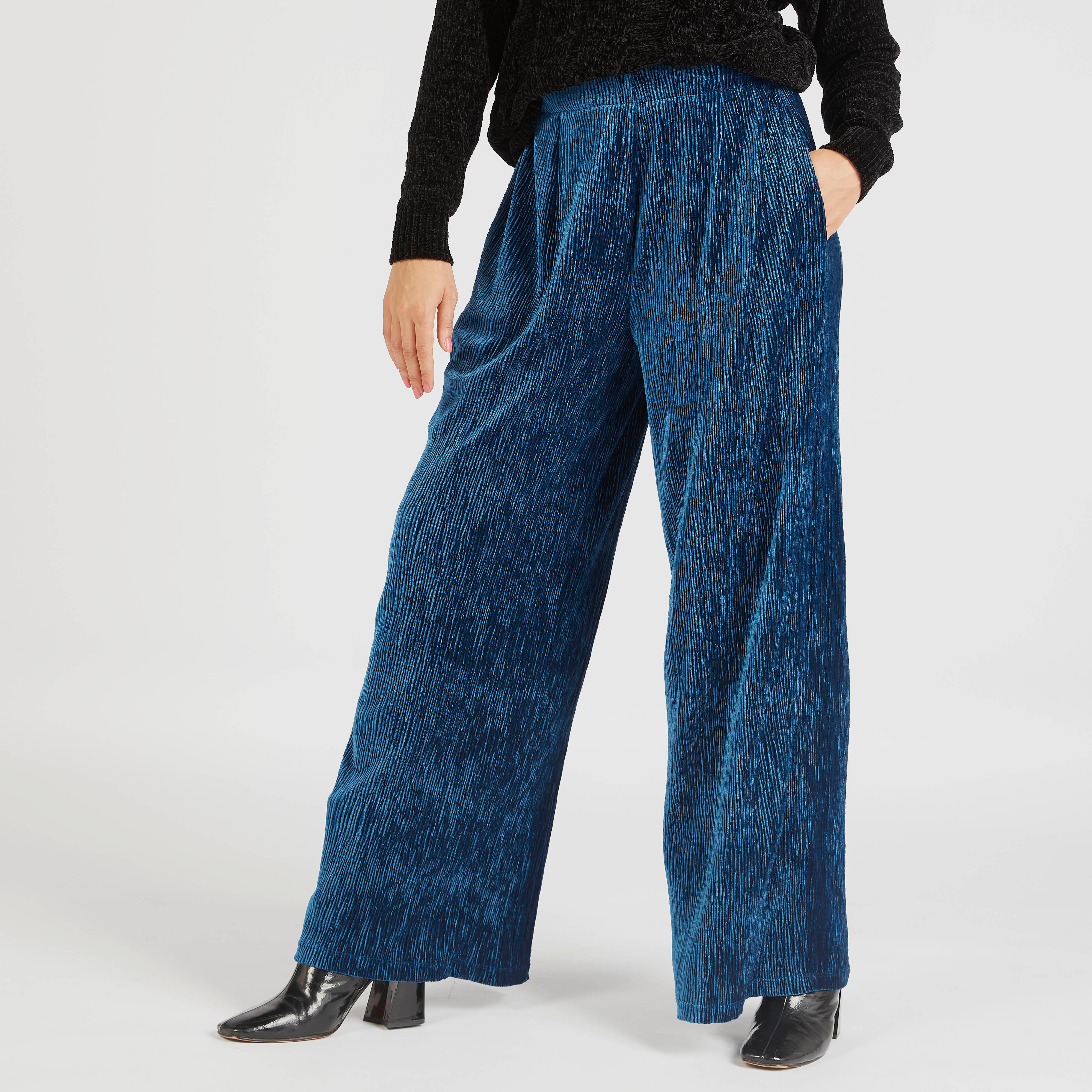 بنطلون بالازو بارز الملمس بخصر مطاطي متوسط الارتفاع من تو إكستريمز-women-clothing-bottoms-trousers-image-1