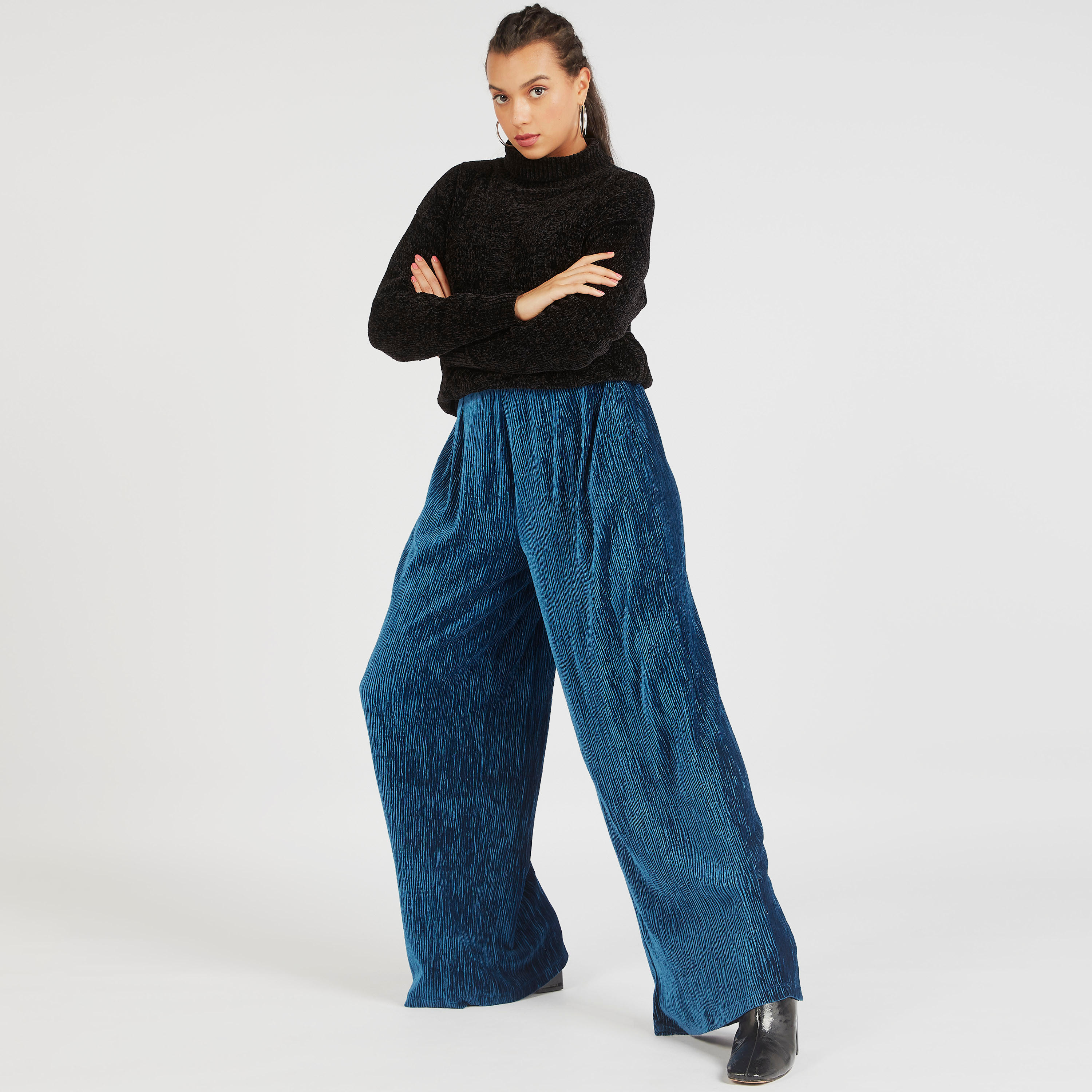 بنطلون بالازو بارز الملمس بخصر مطاطي متوسط الارتفاع من تو إكستريمز-women-clothing-bottoms-trousers-image-2