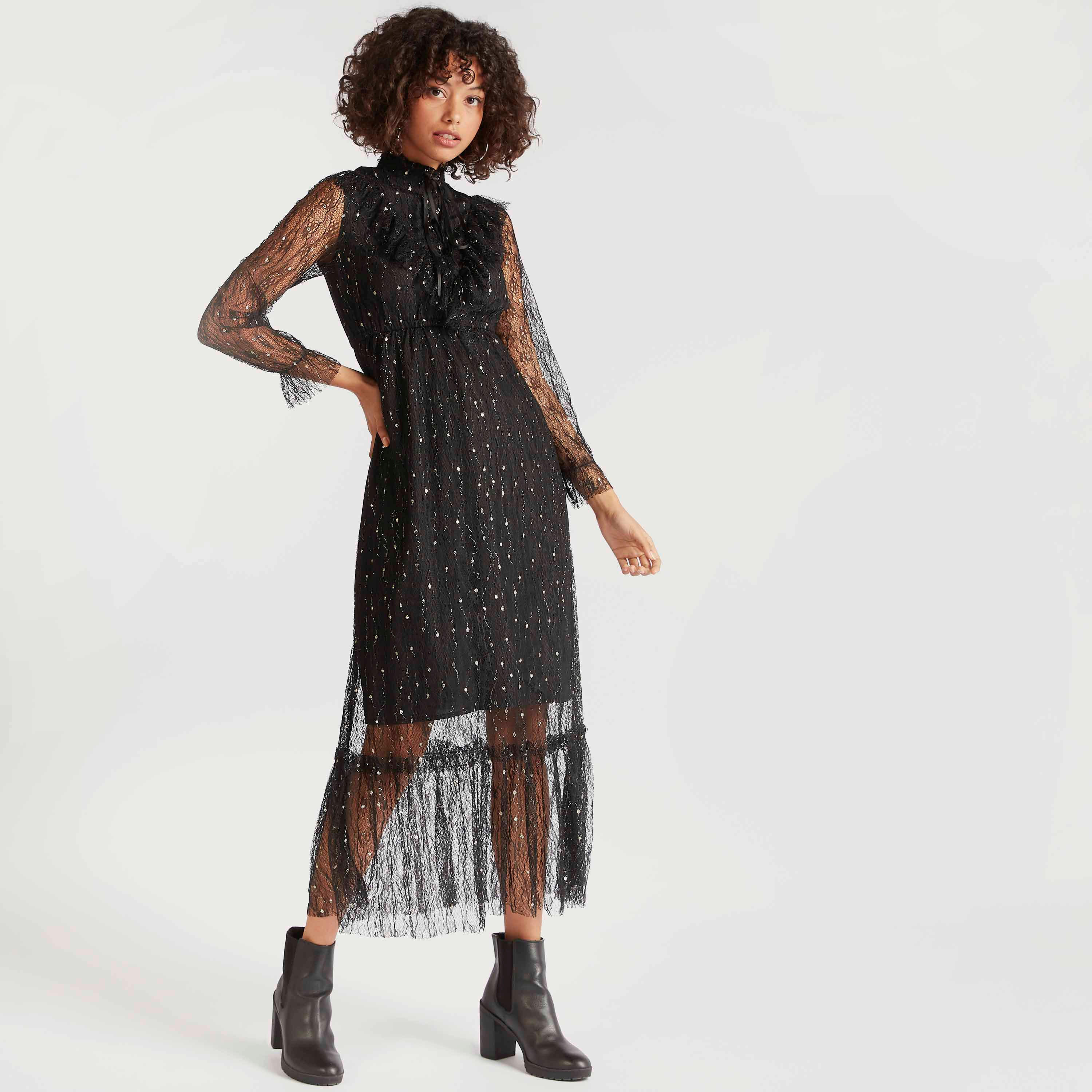 فستان مستدام دانتيل ميدي إيه لاين بأربطة على الرقبة من توإكستريمز-women-clothing-dresses-image-1